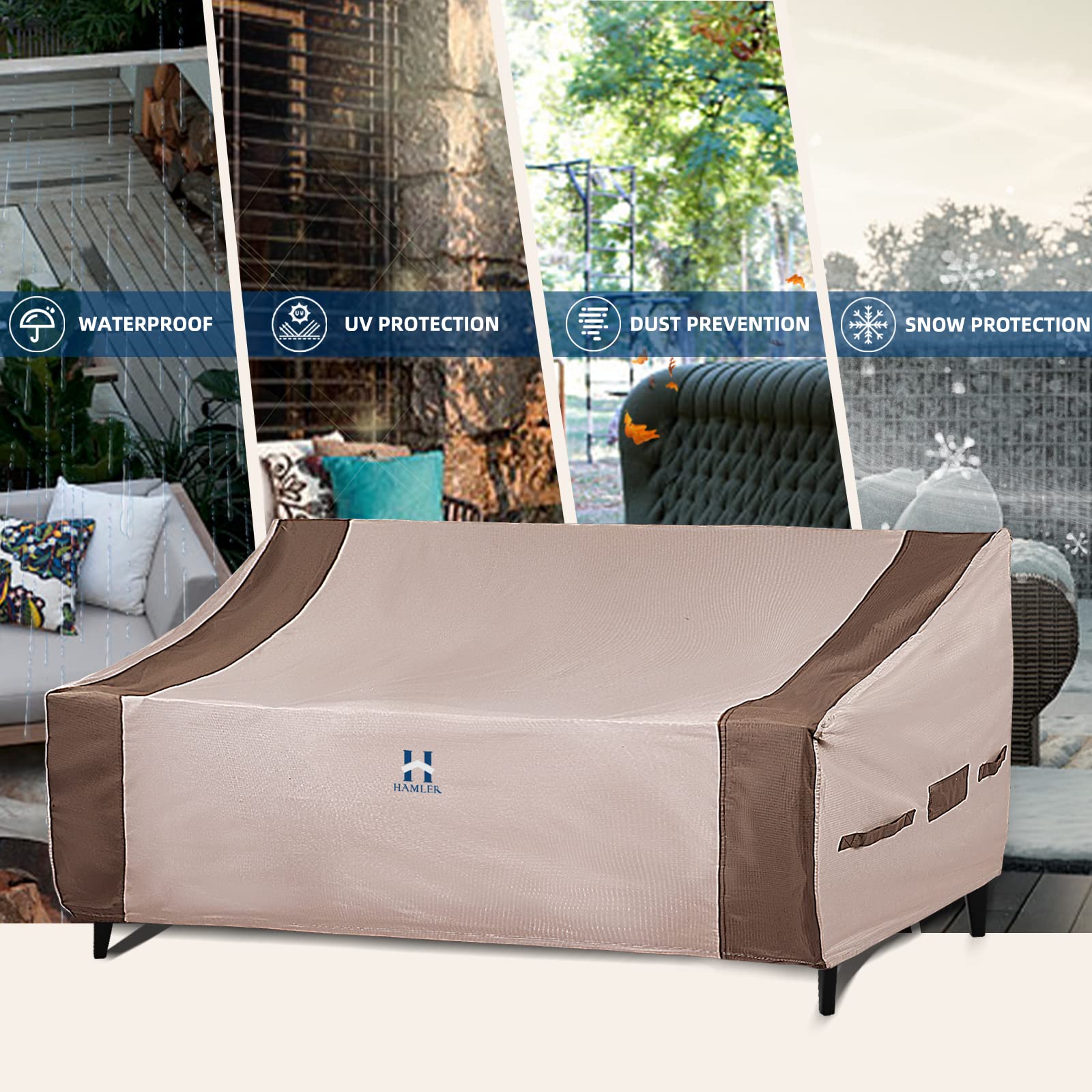 HAMLER Patio Sofa Cover, 4-Seater Heavy Duty Outdoor Couch Cover Waterproof, Outdoor Loveseat Cover with Air Vents and Handles, Outdoor Sofa Cover Fits up to 124" W x 34" D x 24" H, Brown & Beige