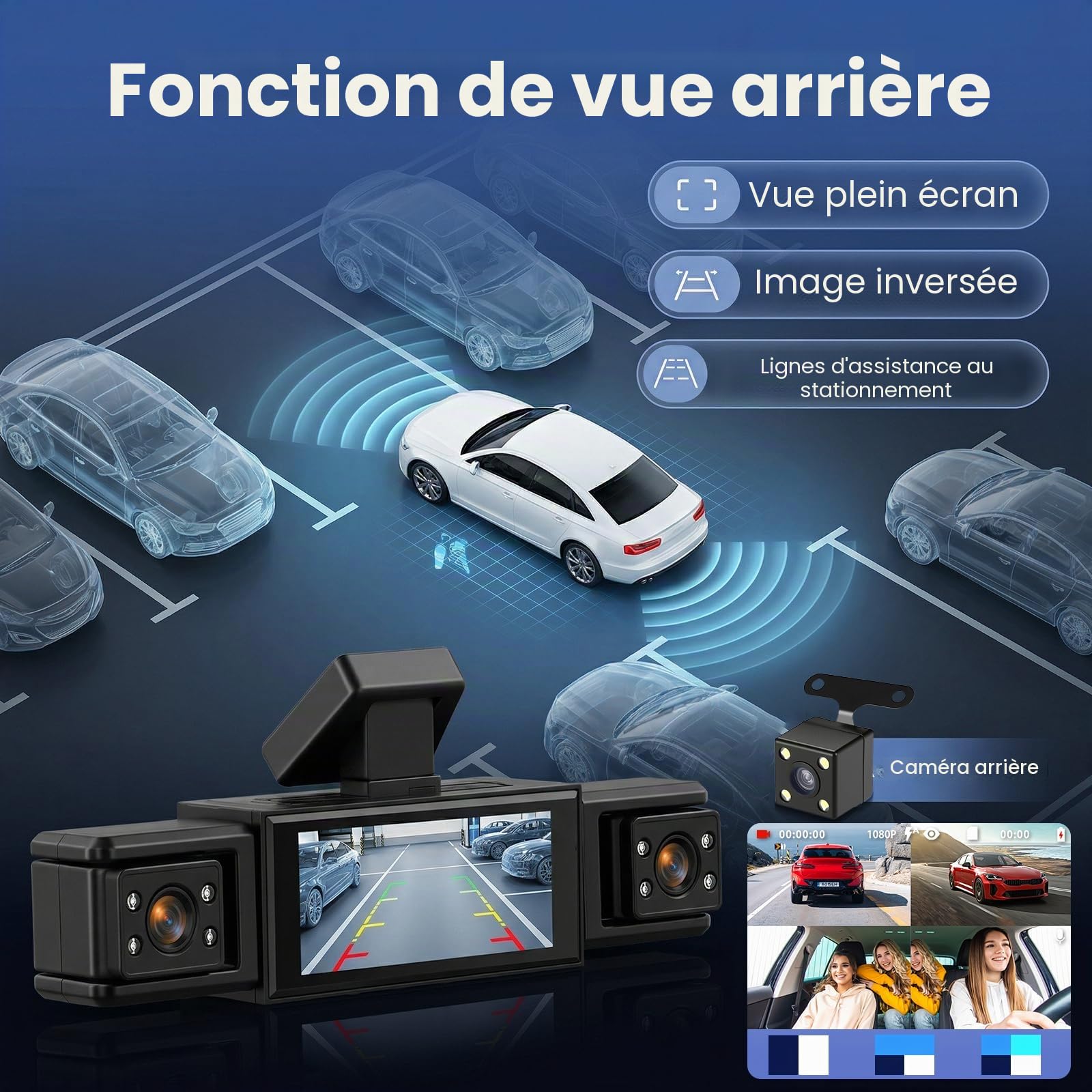 Hodozzy Caméra Embarquée 4 Canaux écran 3,16 Pouces, 4 Caméras Dashcam Avant Arrière Gauche et Droite pour Voiture avec Enregistrement en Boucle Vision Nocturne, Capteur G, Carte 64 Go, Caméra Recul
