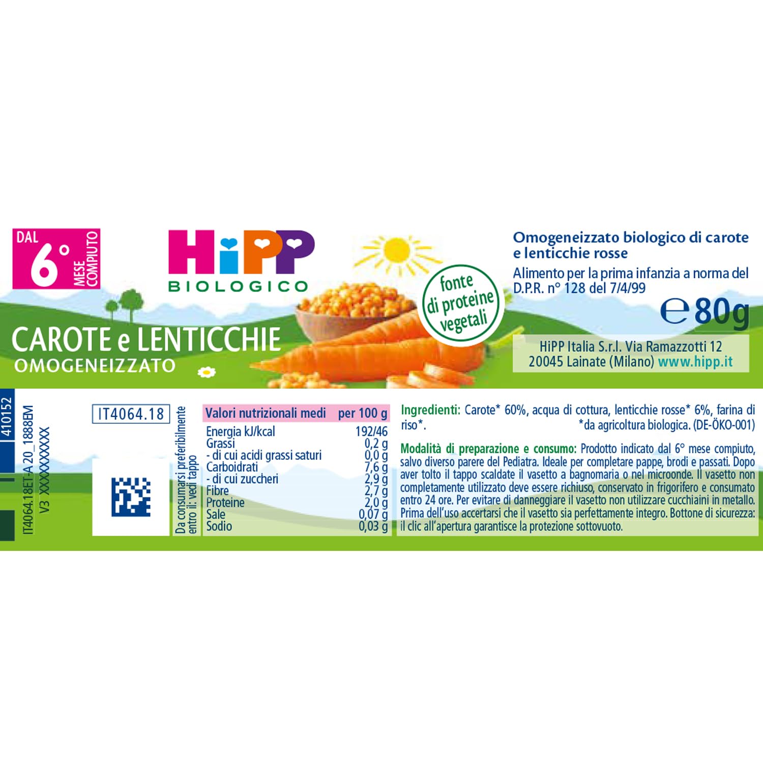 HiPP - Omogeneizzato Biologico per Neonati, Gusto Carote e Lenticchie, Fonte di Proteine Vegetali, 24 Vasetti da 80 gr
