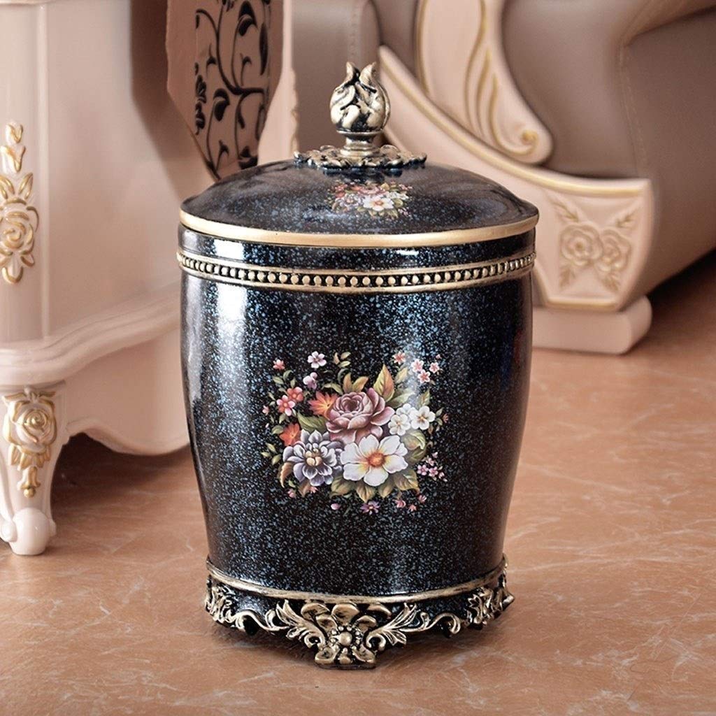 Portable European-Style Trash Can with Lid Large Sealing Resin 12L Storage Bin Triangle Printing for Household Living Room Can Recycler (Color : Black) (Rose Gold)