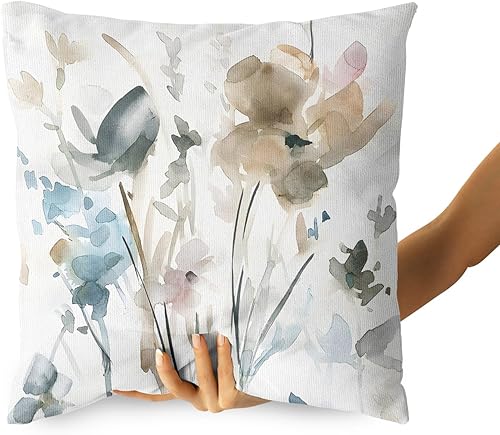 Miniatura 4 de Juego de 2 fundas de almohada florales de color marrón, crema, gris, verde azulado, para sofá de flores en acuarela de 22 x 22 pulgadas, fundas de