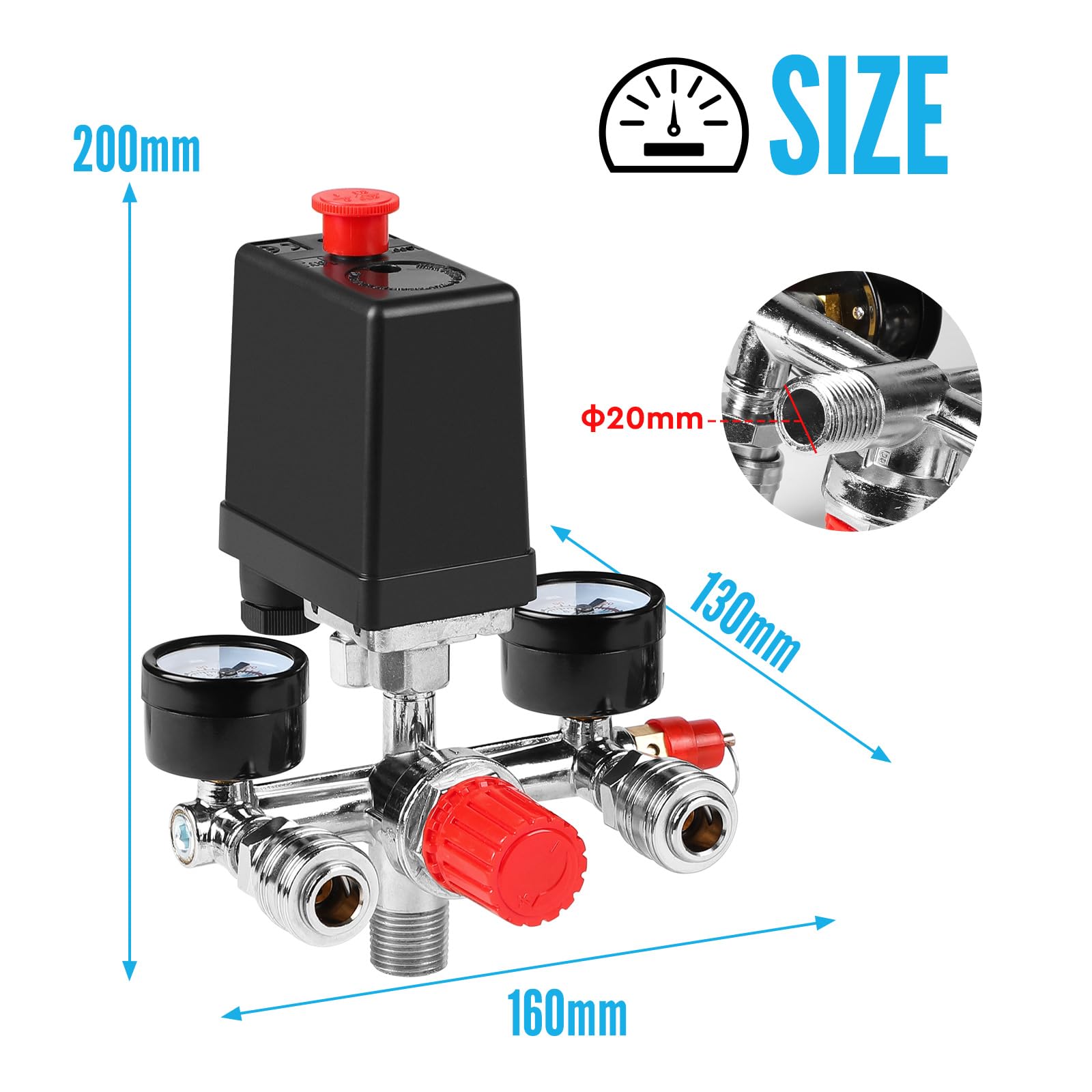 SWAWIS 240V Presostato Compresor Aire Interruptor de Presión Válvula para Compresor de Aire con Manómetro Válvula de Seguridad Acoplamientos, 90-120PSI, Rosca Exterior 1/2''(20mm)