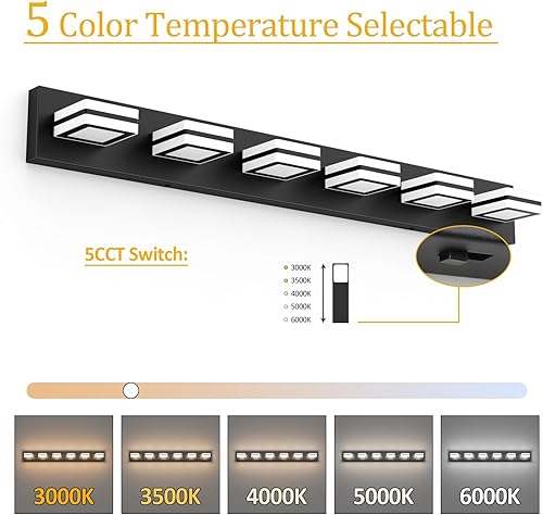 Miniatura 2 de Ralbay Luces de tocador de baño negras con 5 temperaturas de color, regulables, 40.4 pulgadas, acrílico, moderno, mate, negro, para baño, 6 luces