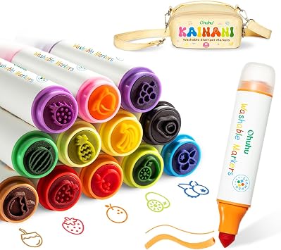 Ohuhu Stamper Washable Markers for Kids 12 Colors Water-based Dual Tips Stamp & Broad Line Tip Kids Markers Coloring Markers for Kids Preschool Classroom Supplies Age 3+ Kainani