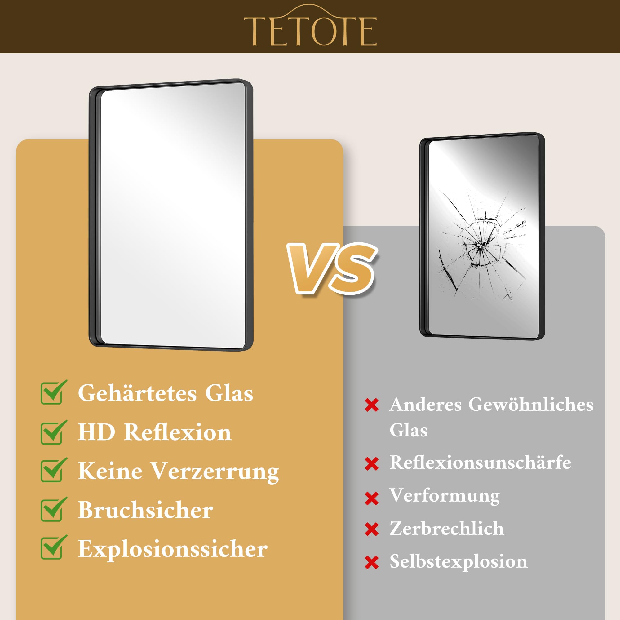 TETOTE 50x75cm Wandspiegel Schwarz Ohne Beleuchtung, Rechteckig Badspiegel mit Runder Ecke, Metallrahmen Badezimmer Spiegel für Waschbecken, Gehärtetes Glas Dekorative Spiegel