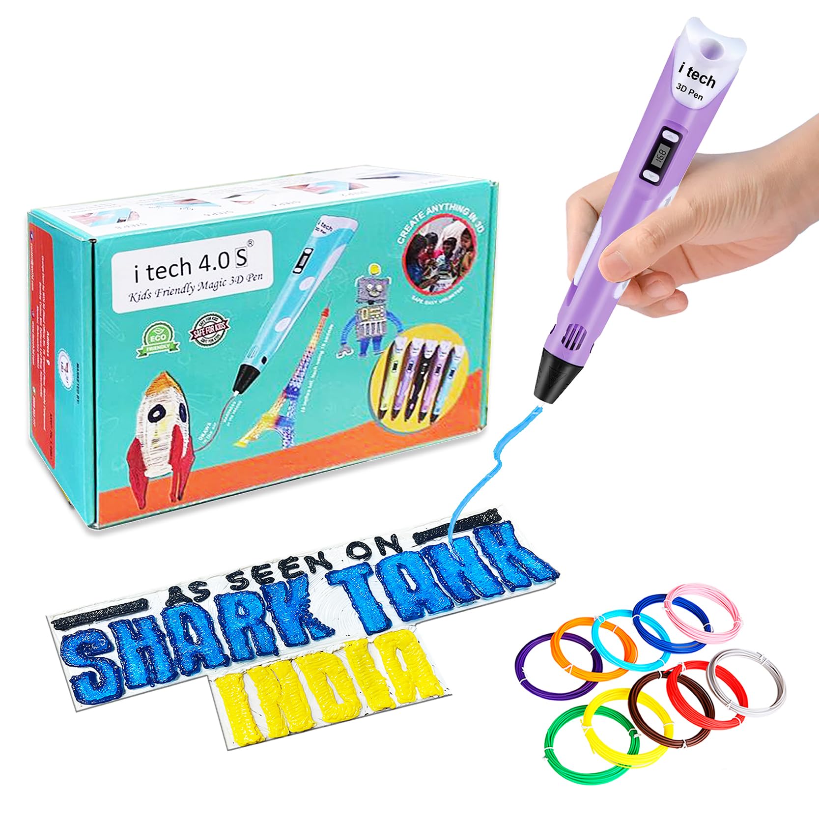 WOL3D I tech (Purple) Magic 3D Pen with 10 in 1 (5M) PLA Filaments for 3D Printing with Speed Control, Advanced Temperature Regulation, OLED Display & Ergonomic Design – Compatible.