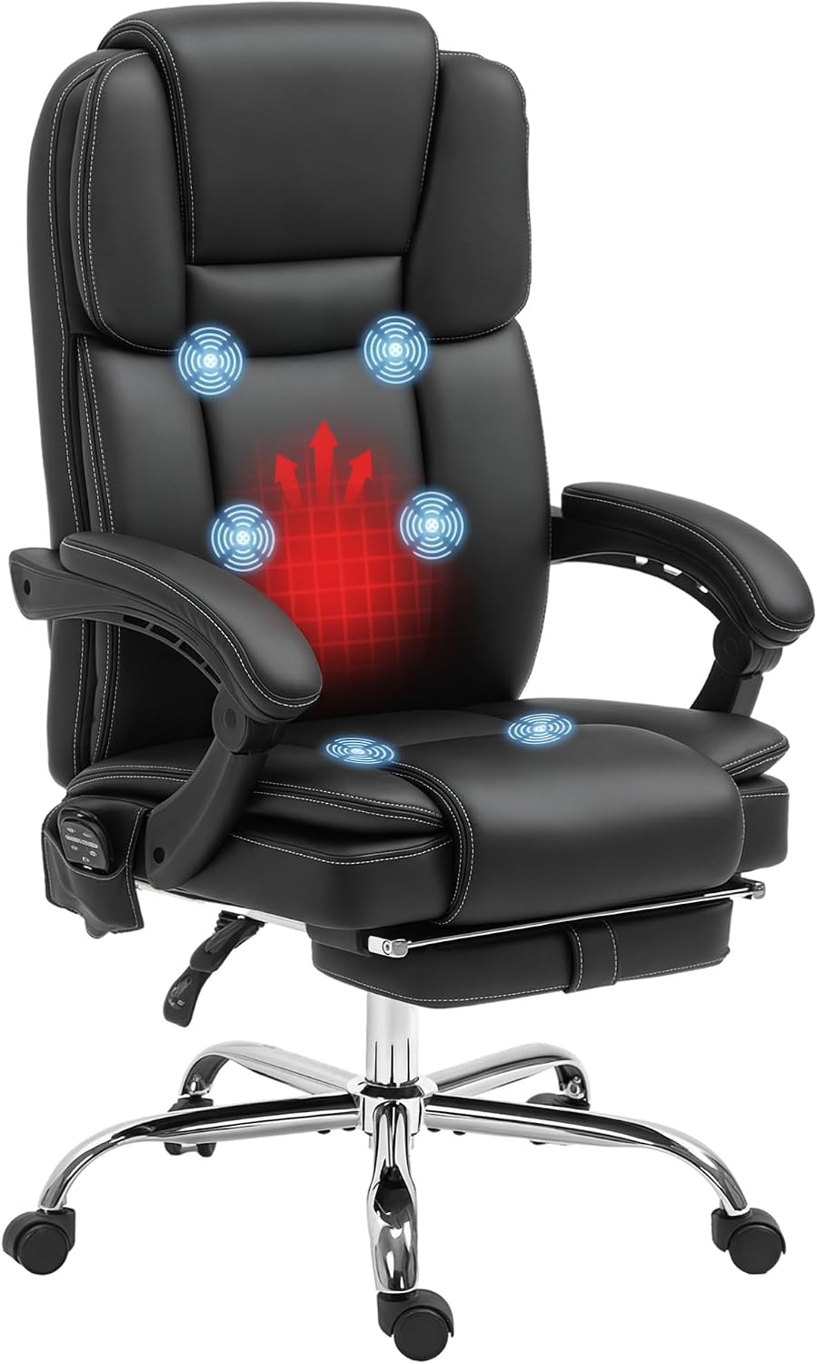 Vinsetto Office Chair with Massage Function Ergonomic Executive Chair with Heating Function Reclining Function Footrest Height Adjustable 360  Rotatable Computer Chair with Side Pocket Faux