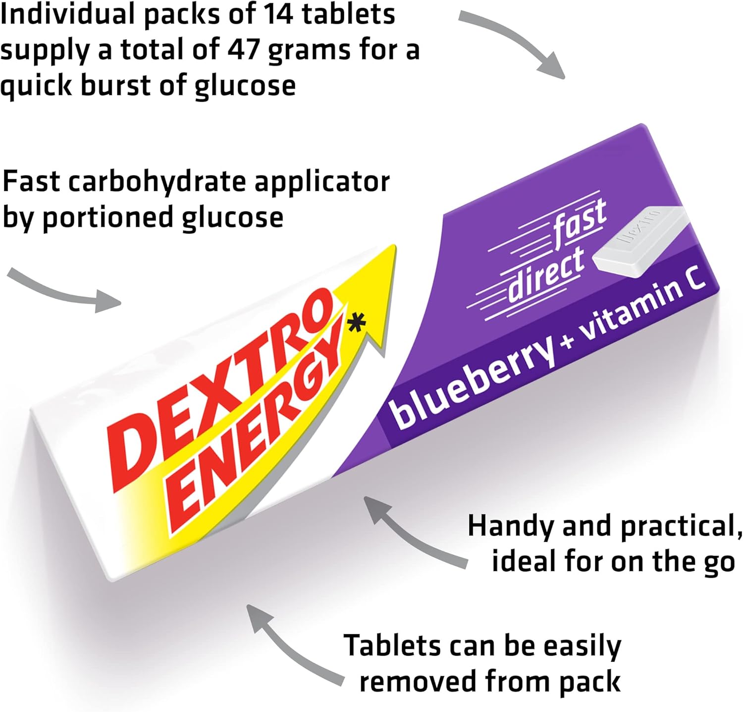 Dextro Energy Blueberry Glucose Tablets with Vitamin C, 47 g, Energy Tablets, for a Quick Burst