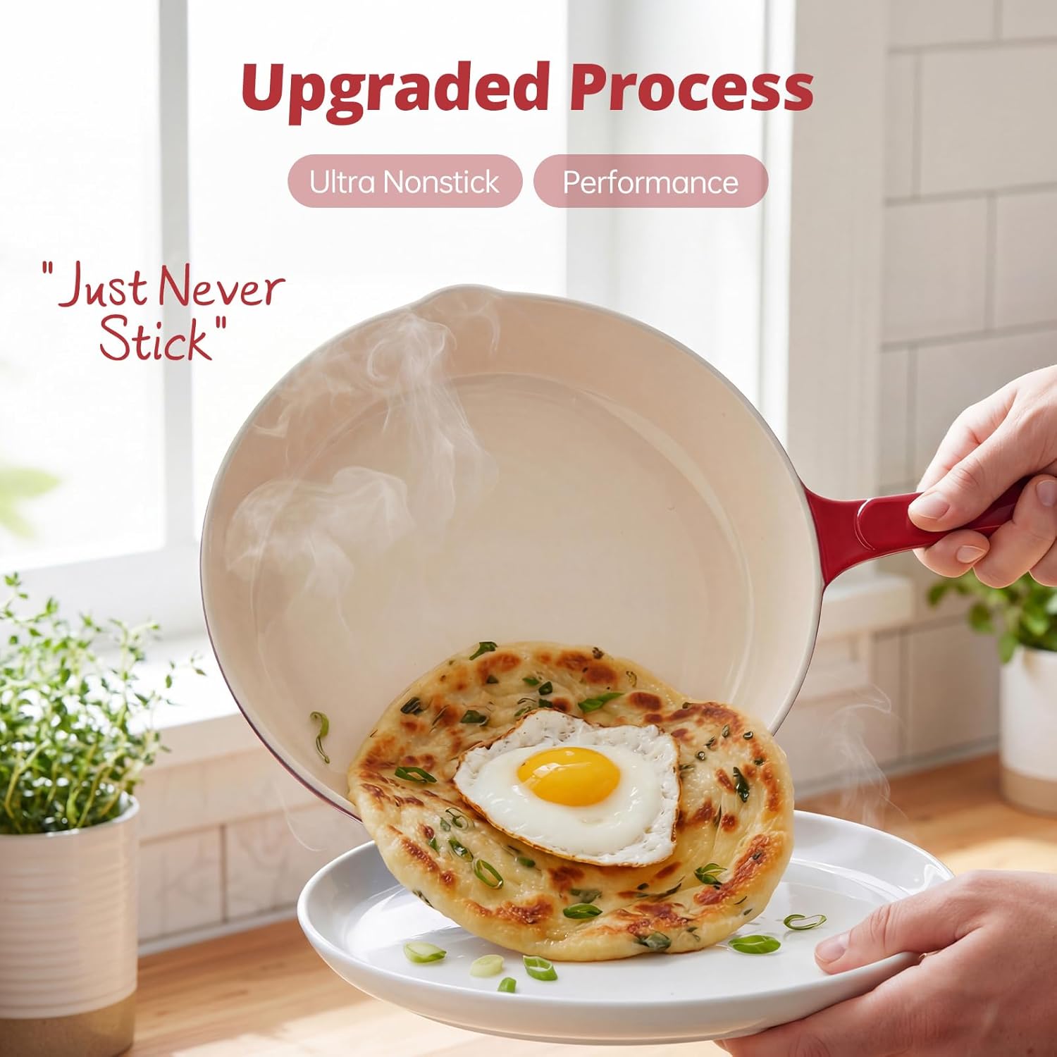 Enameled Cast Iron Skillet 3-Piece Set, Nonstick Heavy-Duty 11", 10", 8.6" Frying Pan, Oven & Induction Safe, Cookware for Gas, Electric, Ceramic Stovetops​, Red