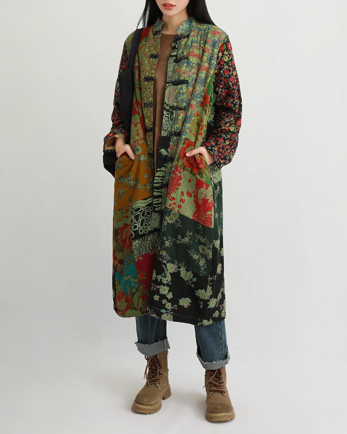 Women's Boho Floral Patchwork Fleece Coat Loose Long Fit Button Camo Trench Jacket with for Fall & Winter - Image 2