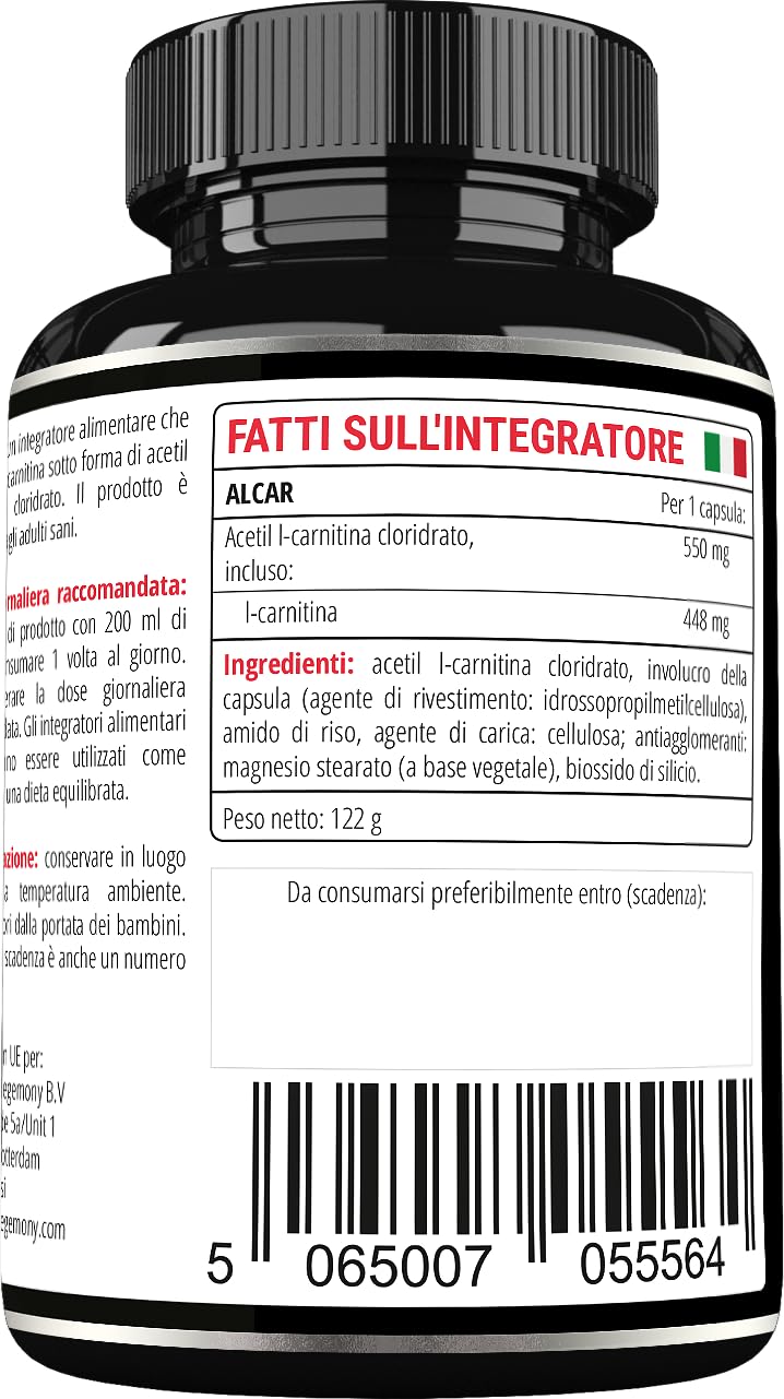 Acetil L-Carnitina HCL 550 mg | ALCAR 150 capsule | Fornitura per 5 mesi | Integratore dietetico ad alto dosaggio di aminoacidi L-Carnitina per proteggere le mitocondri - di Apollo's Hegemony