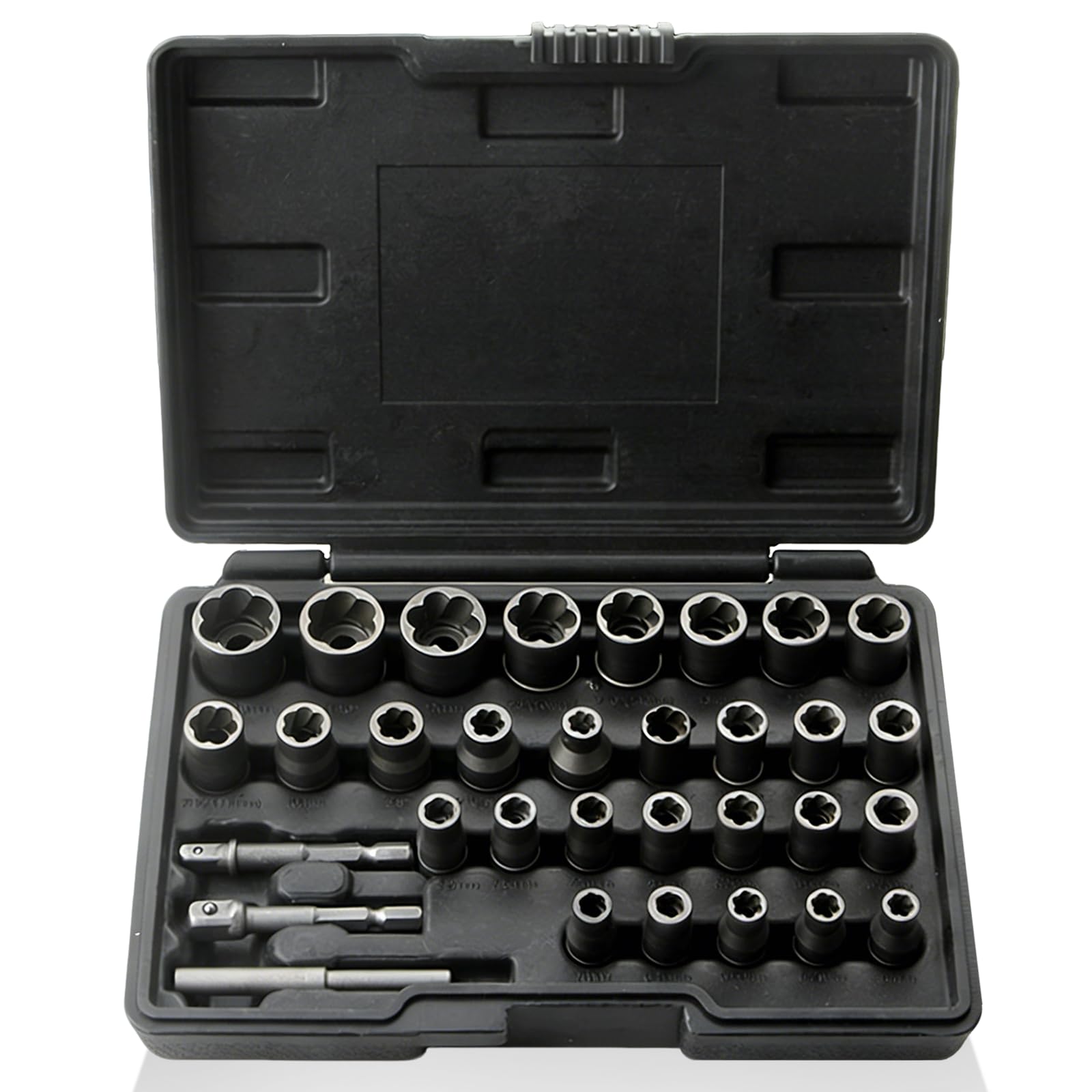 Juego Extractor De Tornillos 32 Piezas, Vasos Extractores 3/8" Y 1/4" Perfil Espiral, Para Tornillos Y Tuercas Dañadas Oxidadas O Gripadas, Acero Cr-Mo Con Adaptador Rápido