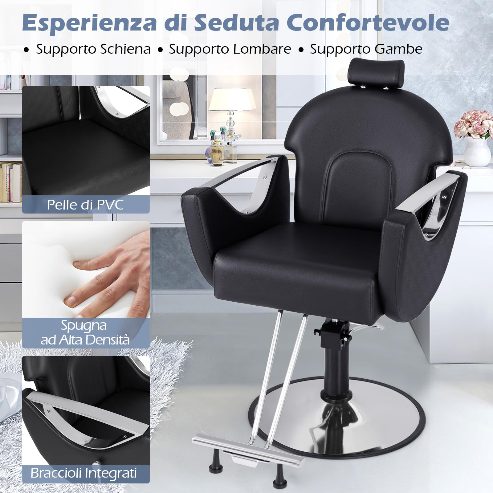 COSTWAY Sedia da Parrucchiere Girevole 360° Altezza Regolabile Poltrona Idraulica con Poggiapiedi per Saloni di Bellezza Nero