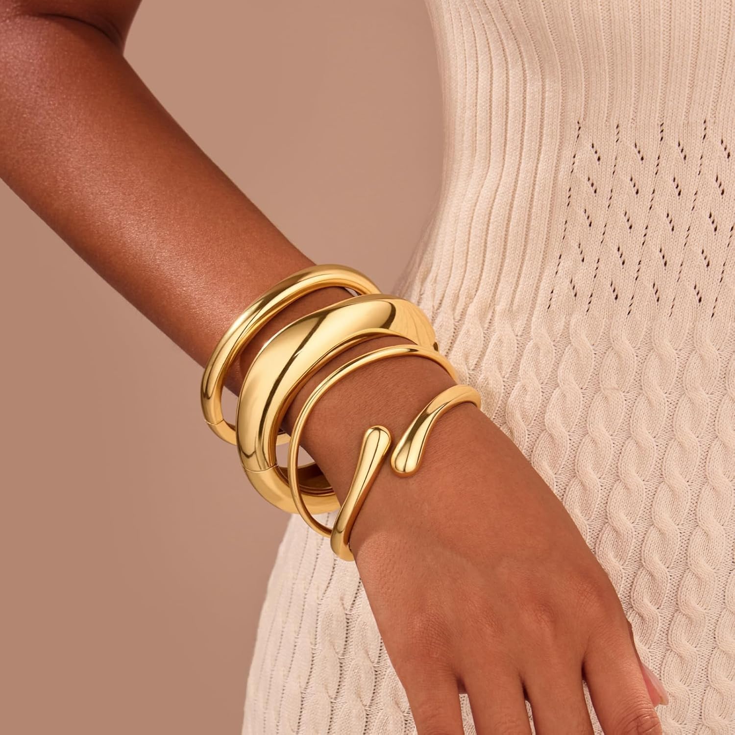 4 PCS Chunky Gold Bangle Bracelets for Women, 14k Gold Plated Big Stackable Bangles Set, Trendy Adjustable Twist Cuff Bracelet Stack Fashion Jewelry Gifts - Image 5