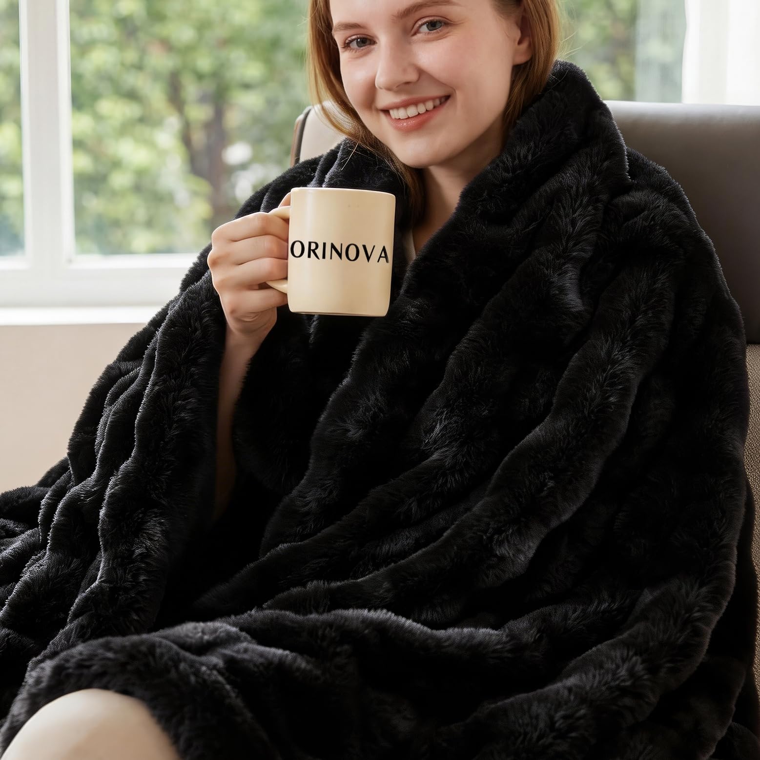 Orinova Black Fluffy Thick Throw Blanket 127X152cm For Bed Couch Office Chair Bunny Soft Blanket For Adults Gift Home Living Room Decorative Decor 860 Gsm