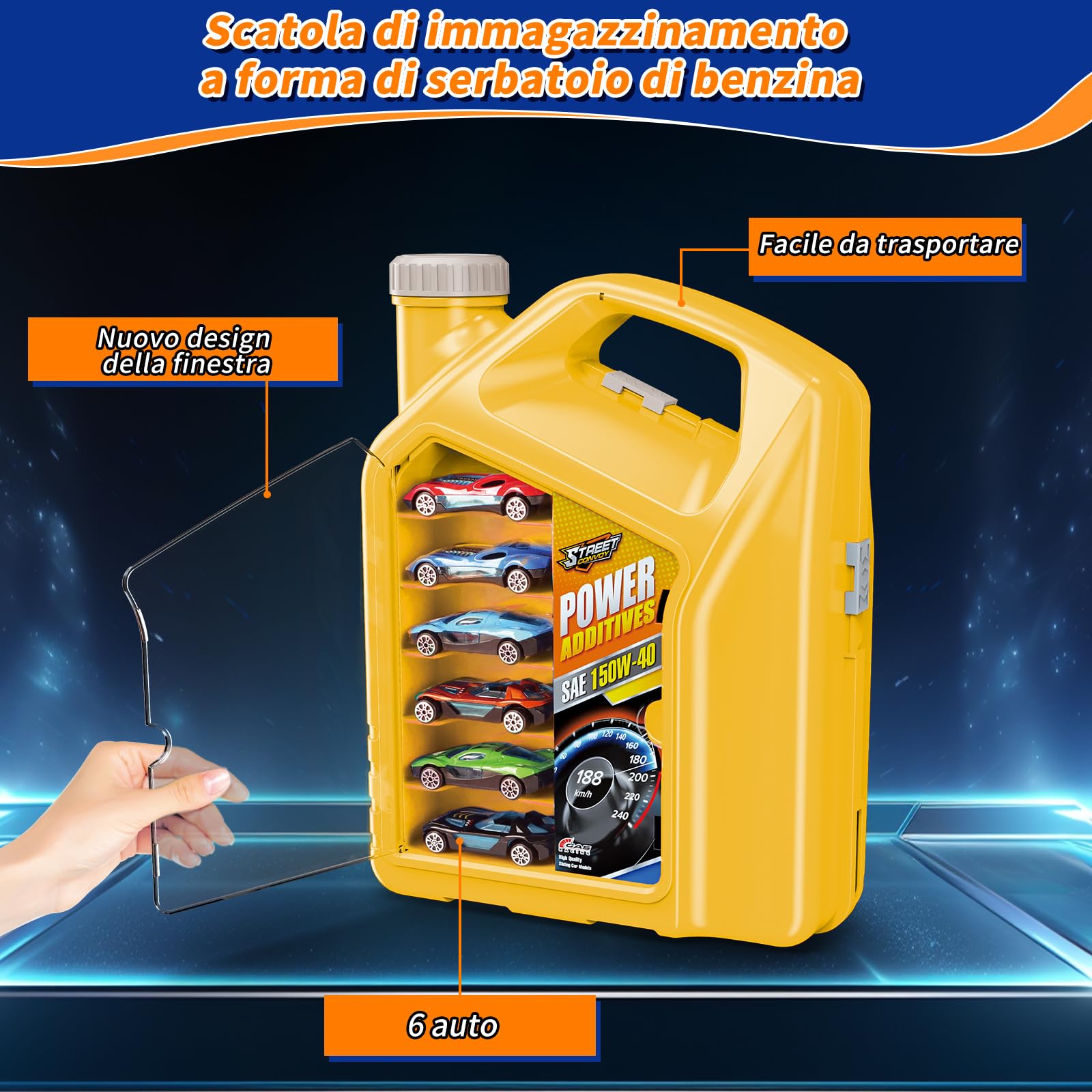 Charmofun Pista Macchinine 2 in1, Giocattolo Piste da Corsa con 6 Auto, Scatola Immagazzinaggio, Piste Macchinine per Bambini con Anello e Binari a U, Portatile Pista per Bambini 3+ Anni (Giallo)