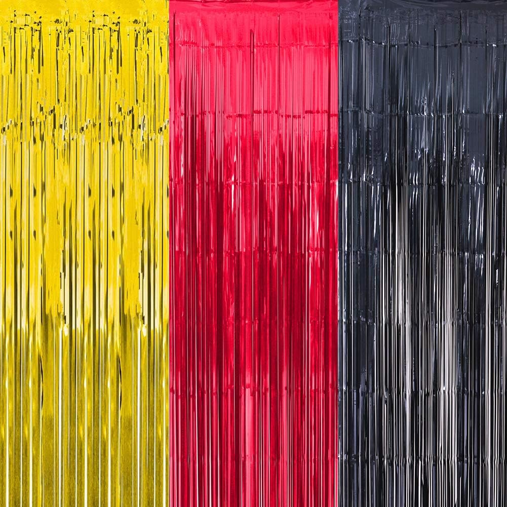 Cartoon Mouse Party Decorations Black Red Gold Tinsel Foil Fringe Curtains Cartoon Mouse Party Photo Booth Props Backdrop Cartoon Mouse Birthday Party Supplies ( 3 Pack 3.2 x 6.6 ft )