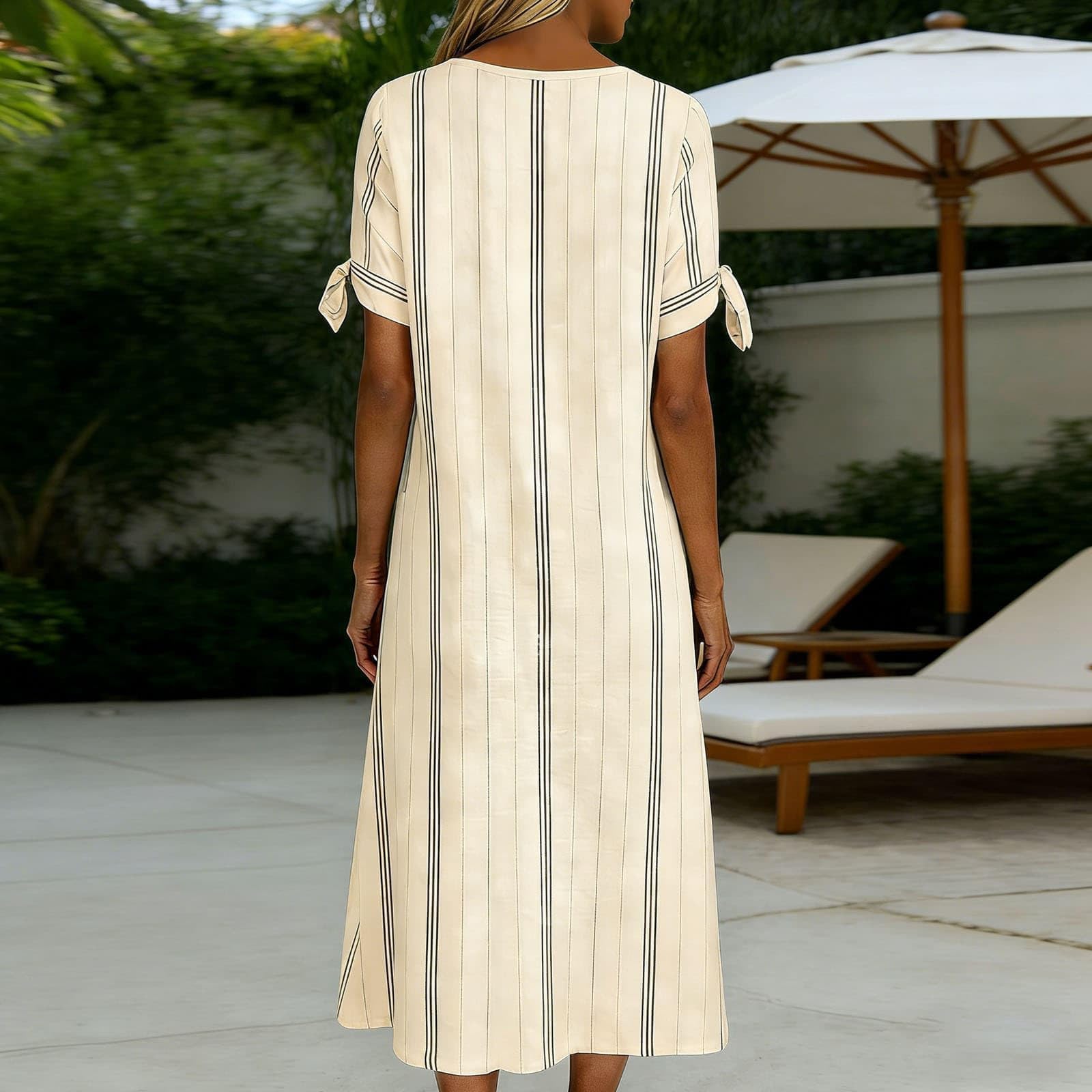 Summer Dress Abito Estivo da Donna, Lunghezza al Ginocchio, Stile Boho, Scollo Rotondo, Midi, con Tasche, Abito a Trapezio a Righe, Lunghezza al Ginocchio, Maniche Corte, Vestito Lungo Donna Elegante