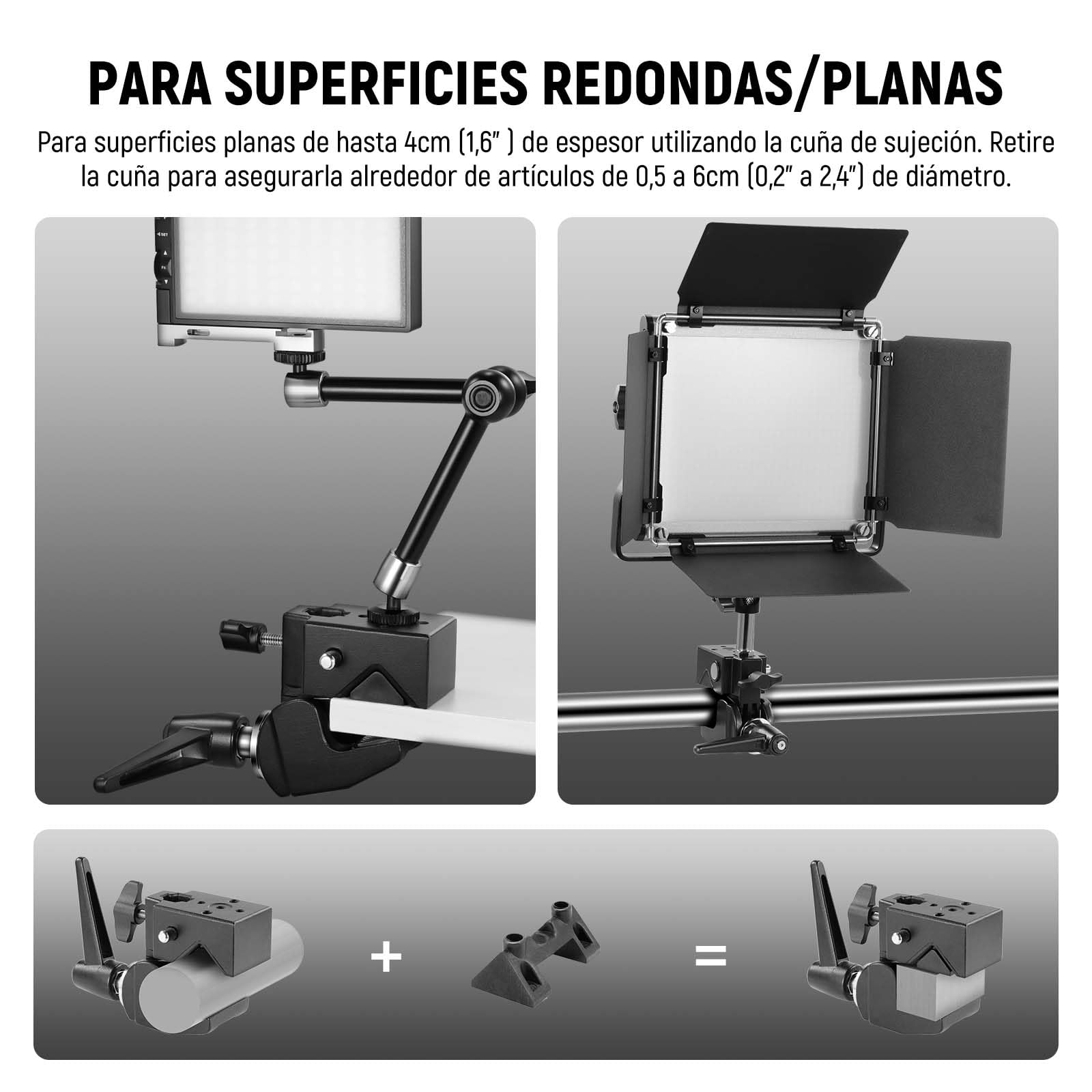 NEEWER Heavy Duty Super Clamp MAX Carga 33lb/15kg, 2,4" Jaw Grip Crab Clamp Mount para Barra Redonda Superficie Plana con 5/8" Stud/Spring Lock/Paño de Limpieza para fotografía de Estudio Luz de