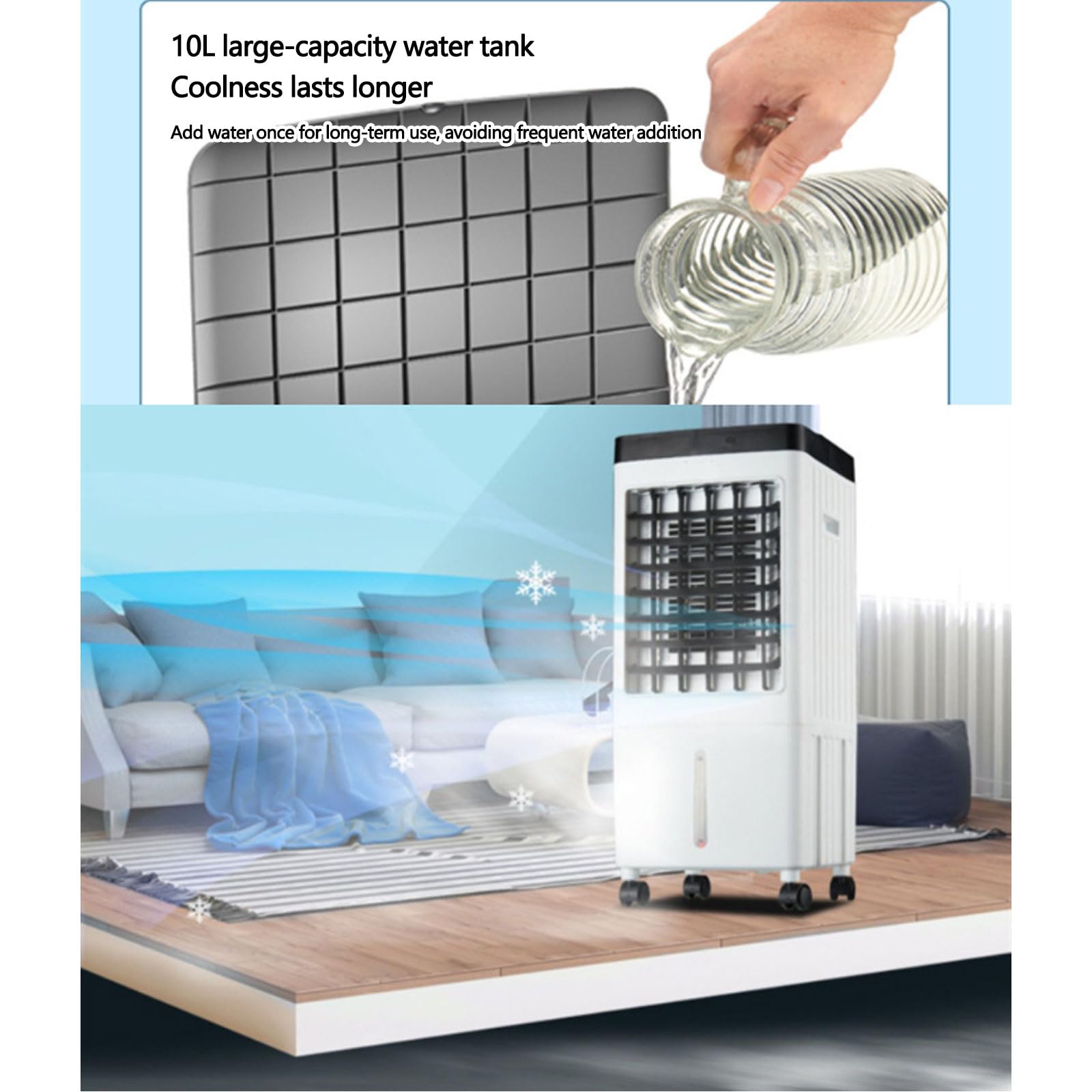 Kühlventilator, tragbare Klimaanlage-Lüfter, Wasserkühlung mit Universalrädern, 7-Stunden-Timer, 3 Windgeschwindigkeiten, 10L großer Wassertank für Wohnzimmer, Schlafzimmer und Büro