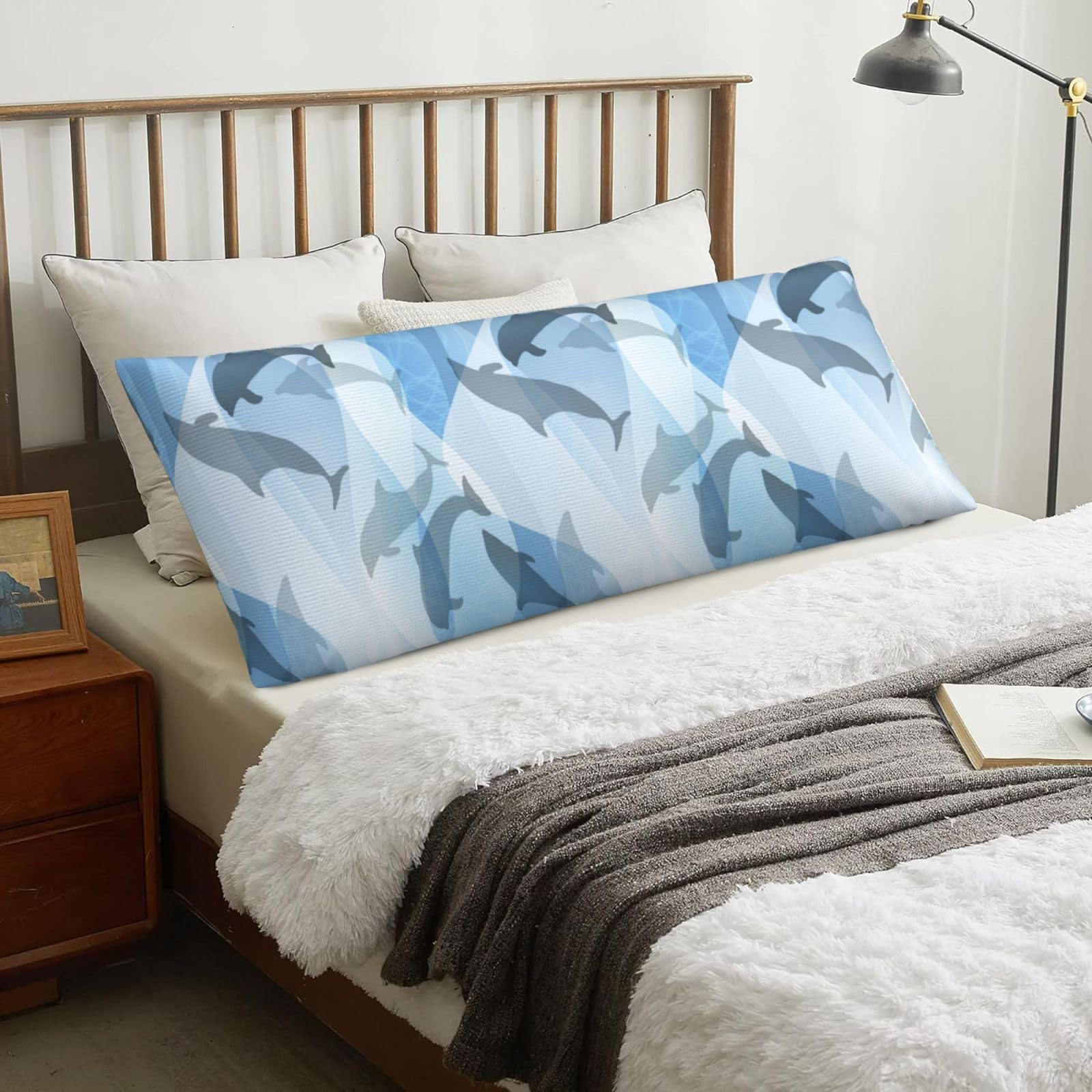 Dolphin Fish Silhouette, Body Pillow Cover with Zipper,Long Body Pillowcase 20 x 60 in