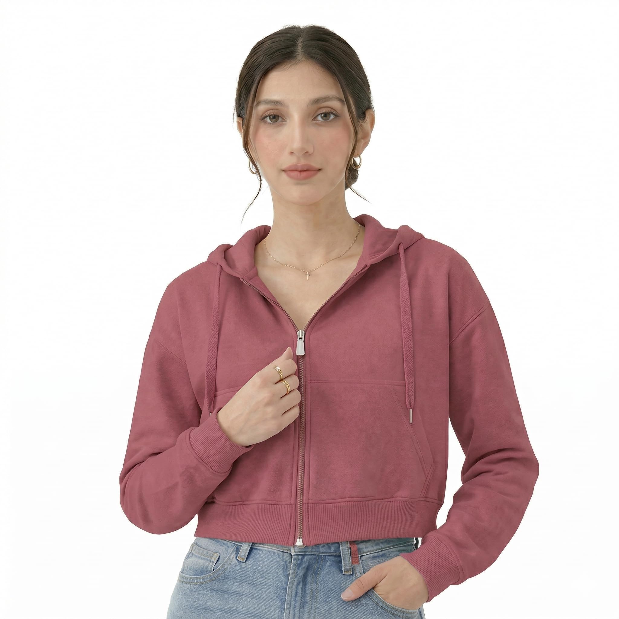 hoodlife Women’s Cropped Zip-Up Hoodie – Lightweight Fleece Crop Sweatshirt with Hood, Drawstring & Kangaroo Pockets-picture-49