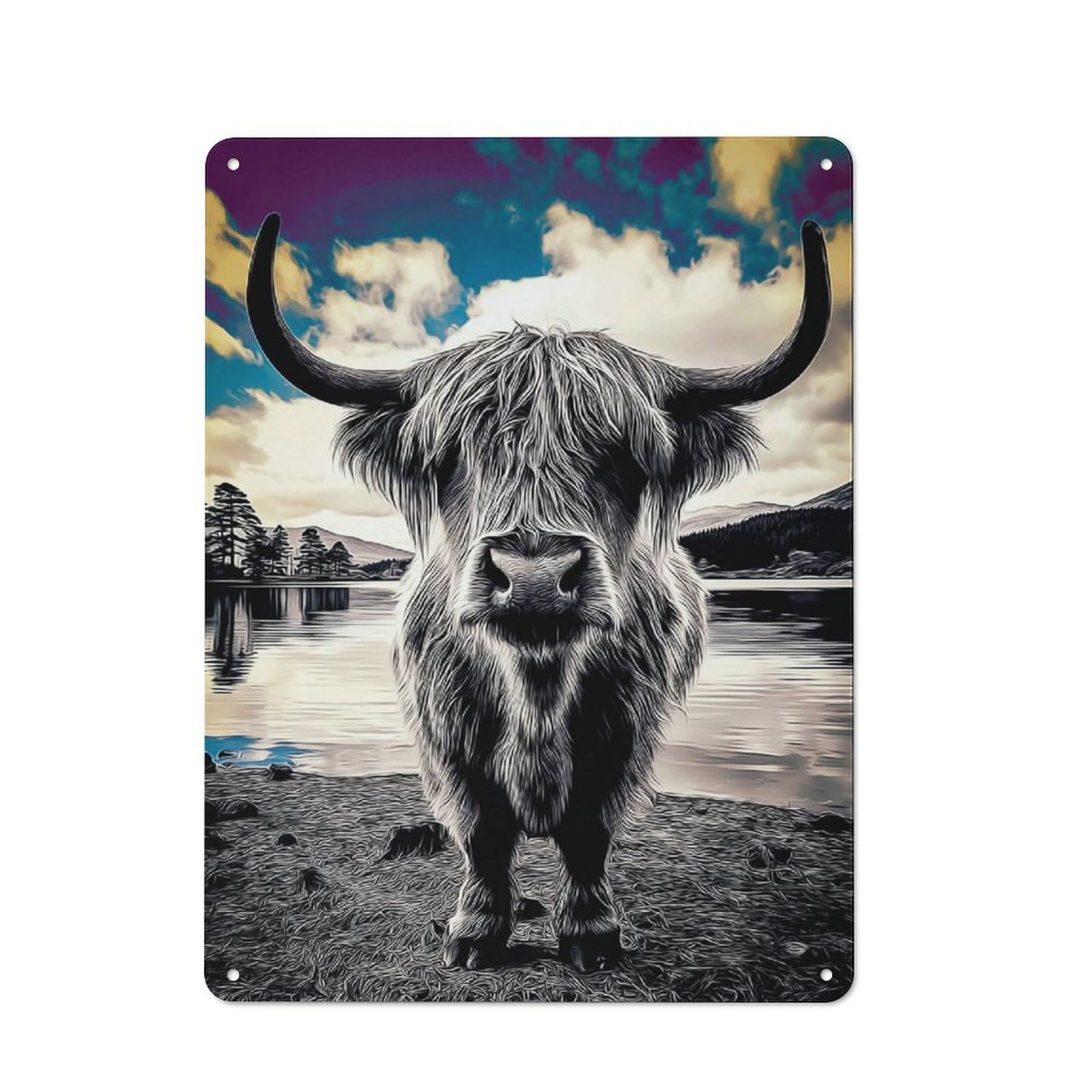 Modern Vintage Highland Cow by The Lake-1 Metal Desk Wall Sign 40x30cm, Office Wall Decor for Office, Study, Studio Or Hallway