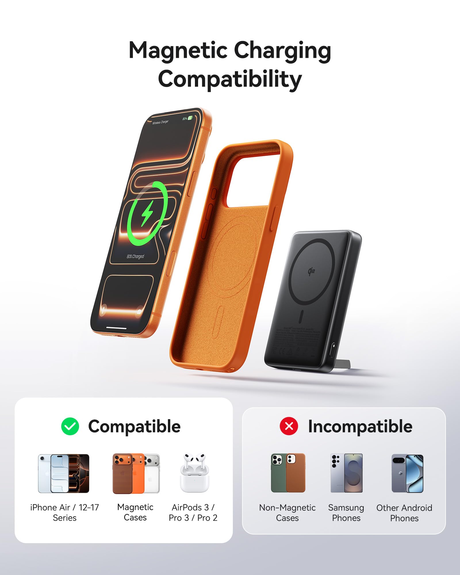 INIU for Magsafe Power Bank, Slimmest 10000mAh Qi2 Certified 15W Magnetic Portable Charger, 45W Fast Charging with Built-in USB-C Cable, Battery Pack with Stand for iPhone Air 17 16 15 14 13 12 Only