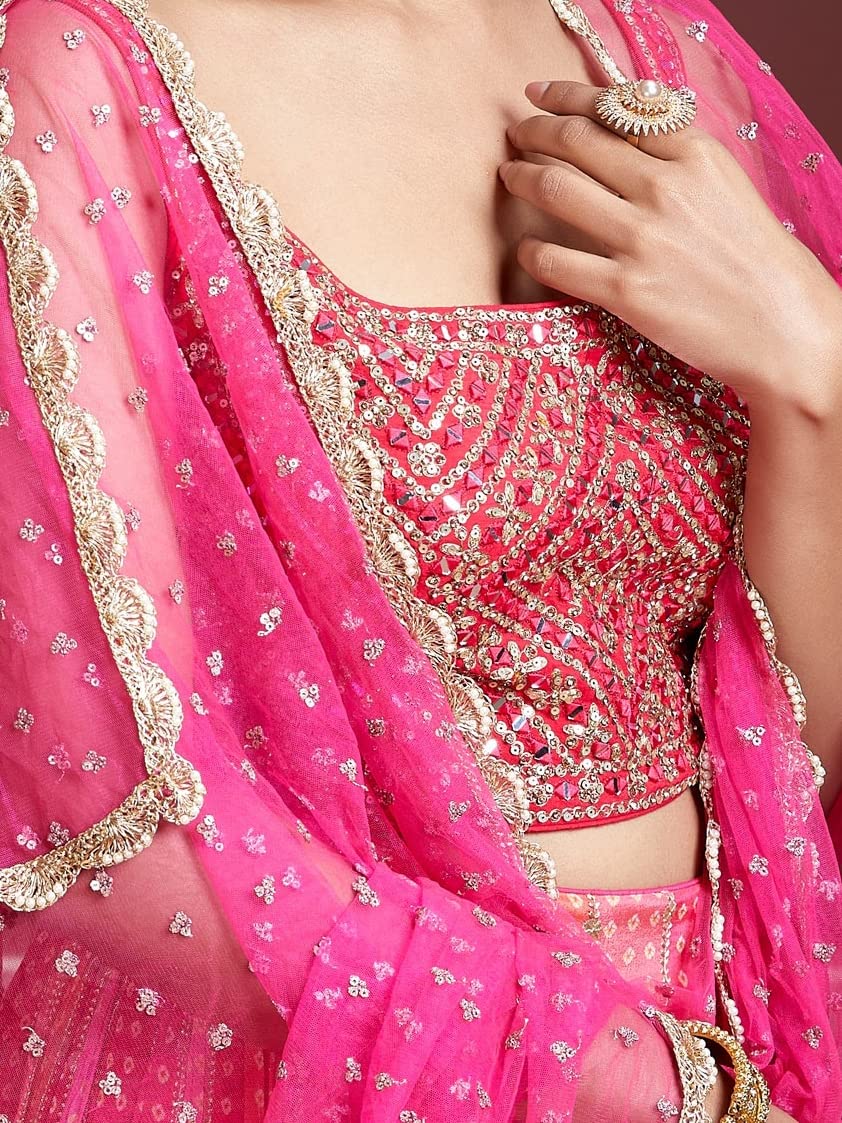 Zeel Clothing Women's Silk Embroidered Semi-Stitched Lehenga Choli for Women with Dupatta (108-Pink-Wedding-Bridal-Latest-Lehenga; Free Size) 4