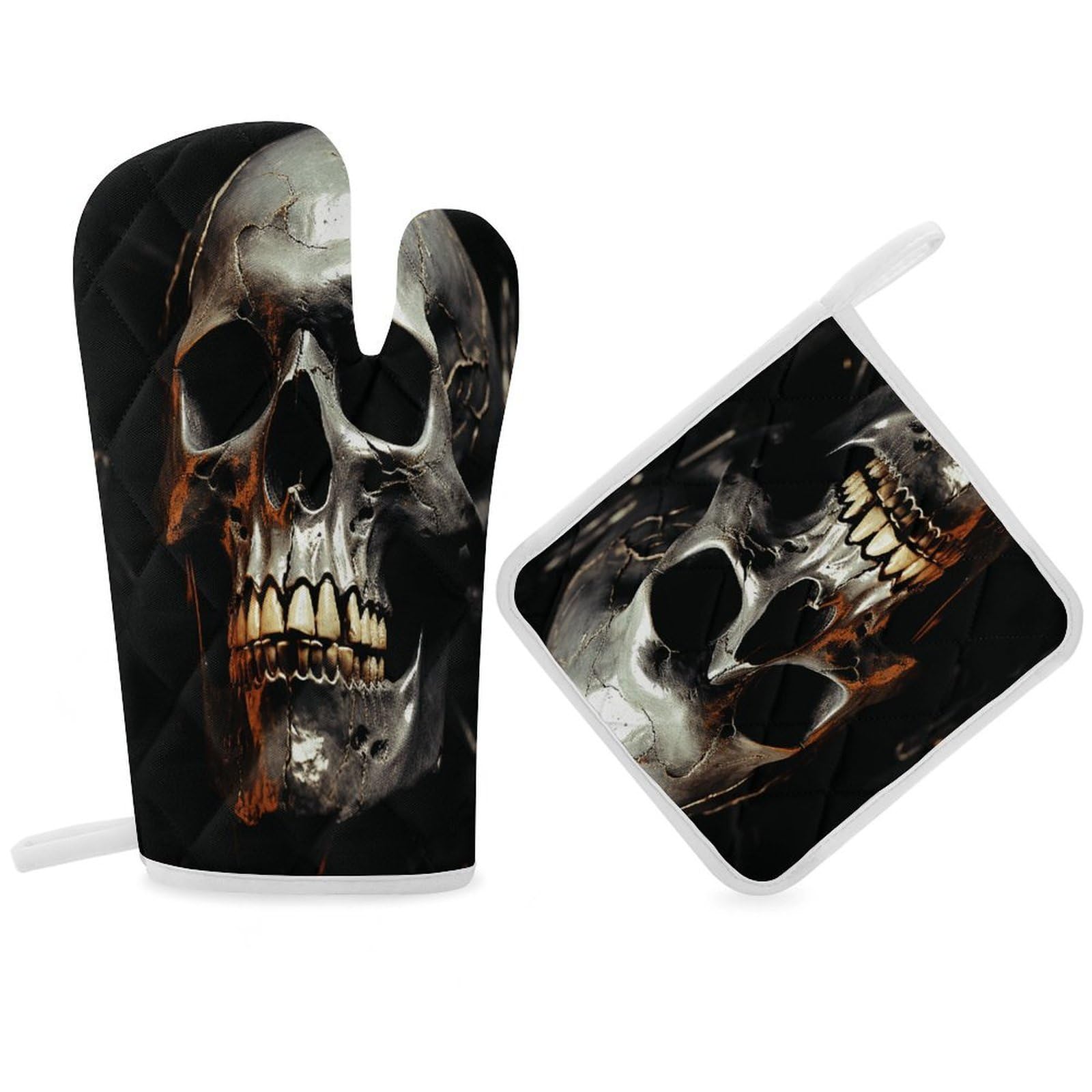 Fodpand Women's Style Eerie Scary Skull Oven Mitts And Pot Holders Sets,Oven Gloves For Kitchen Oven Mitts And Potholders For Baking Cooking Grilling Apartment Essentials