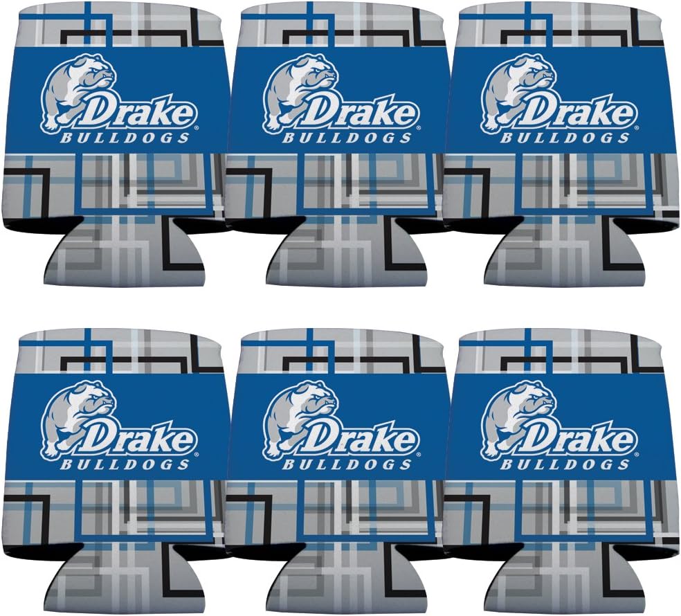 VictoryStore Drake University Can Coolers – Set of 6 – Official Bulldogs Team Spirit Drink Sleeves – Squares Design 5 – Fits 12-16 oz Cans & Bottles – Reusable Party Coolies – Made in USA