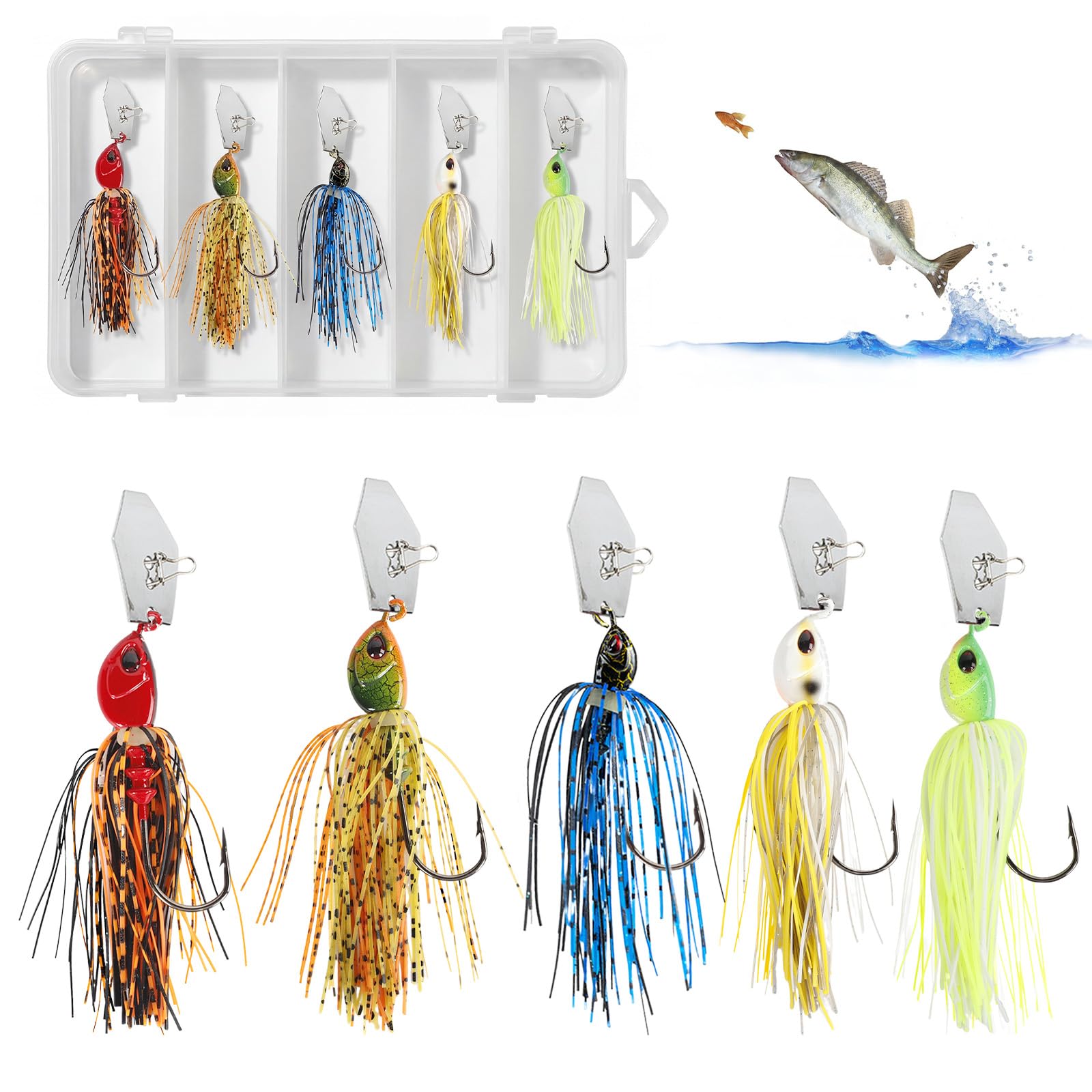 5 Piece chatterbait Artificial Bait Set, 15g chatterbait Pike, Perch Bait, chatterbaits, Artificial Bait for Predator Fishing (Hook Size 3/0)