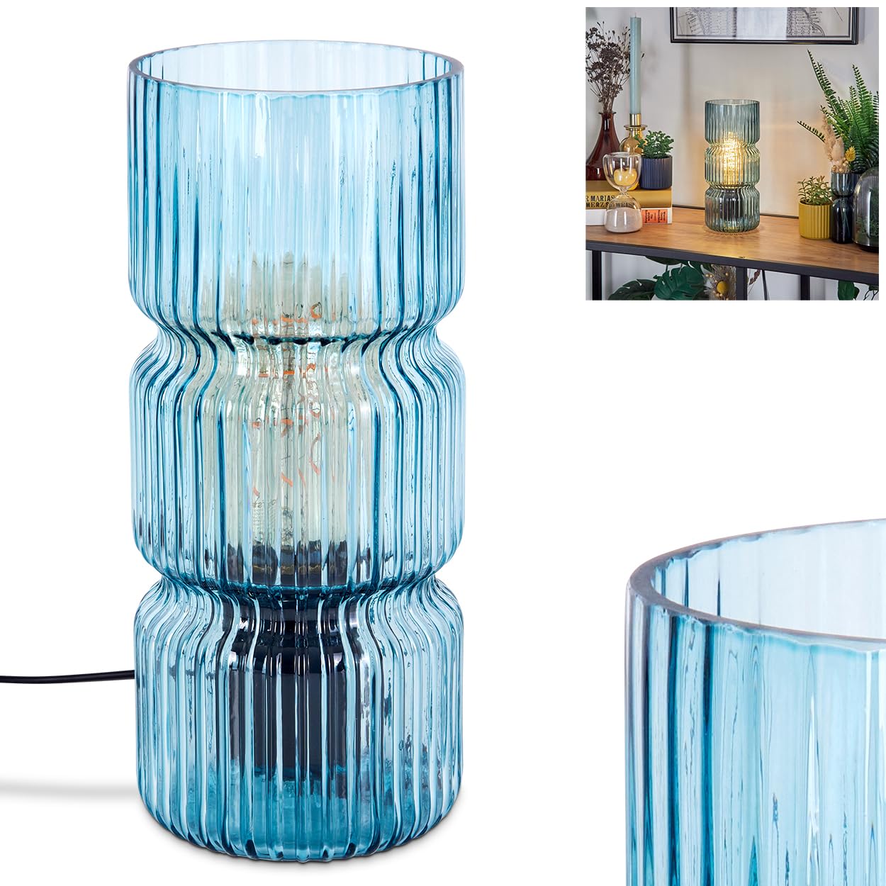 Lámpara de mesa Penteado, metal/cristal en negro/azul, diseño vintage/retro moderno con pantalla de cristal (Ø 10,5 cm) e interruptor de encendido/apagado en el cable, 1 x E27, sin bombilla