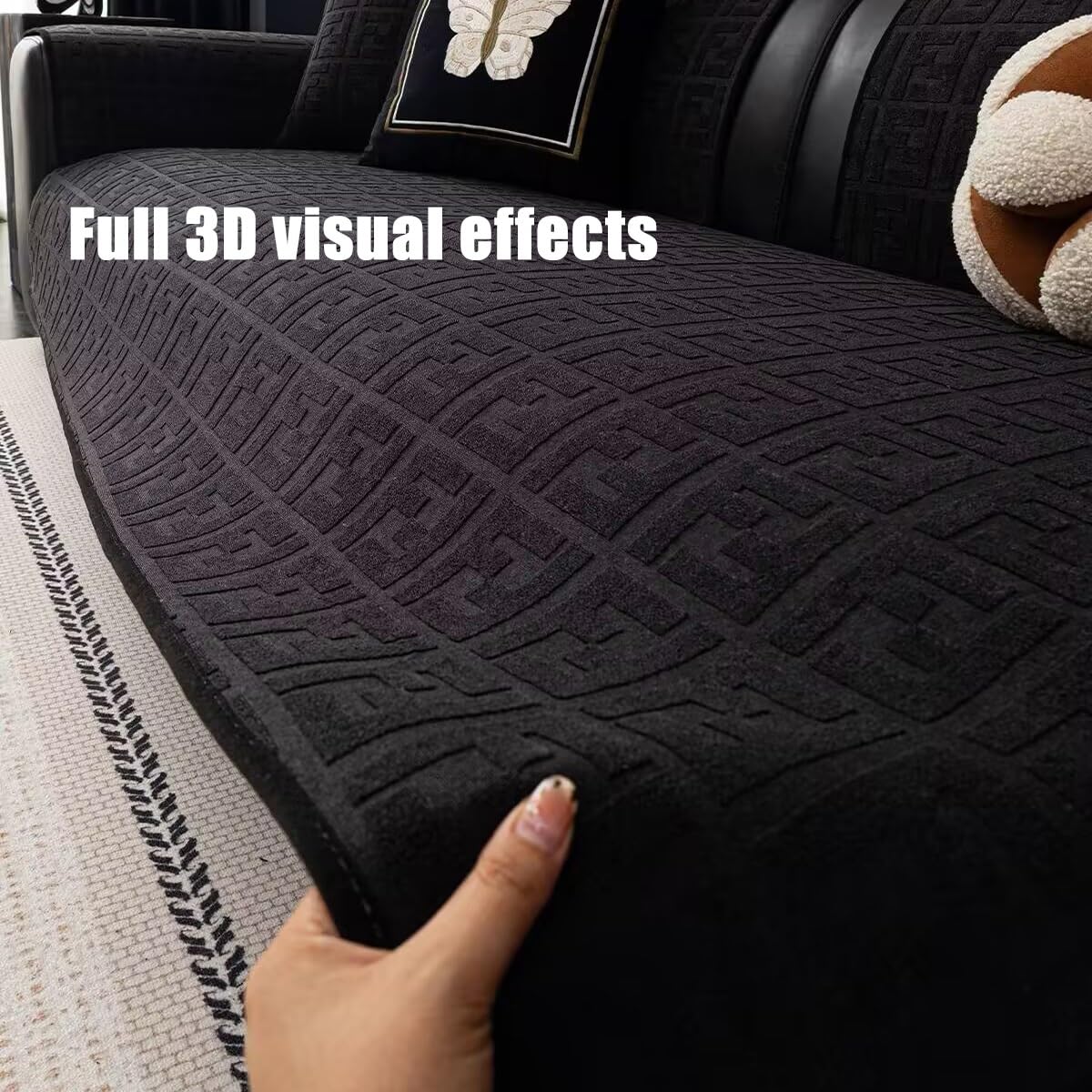 Housse de Canapé Peluche Épais Antidérapant,Plaid Protege Canape Places Assise Protection Anti Griffure Chien Chat Sofa Cover,Coussin de Siège Uniquement(Black,90x300cm)