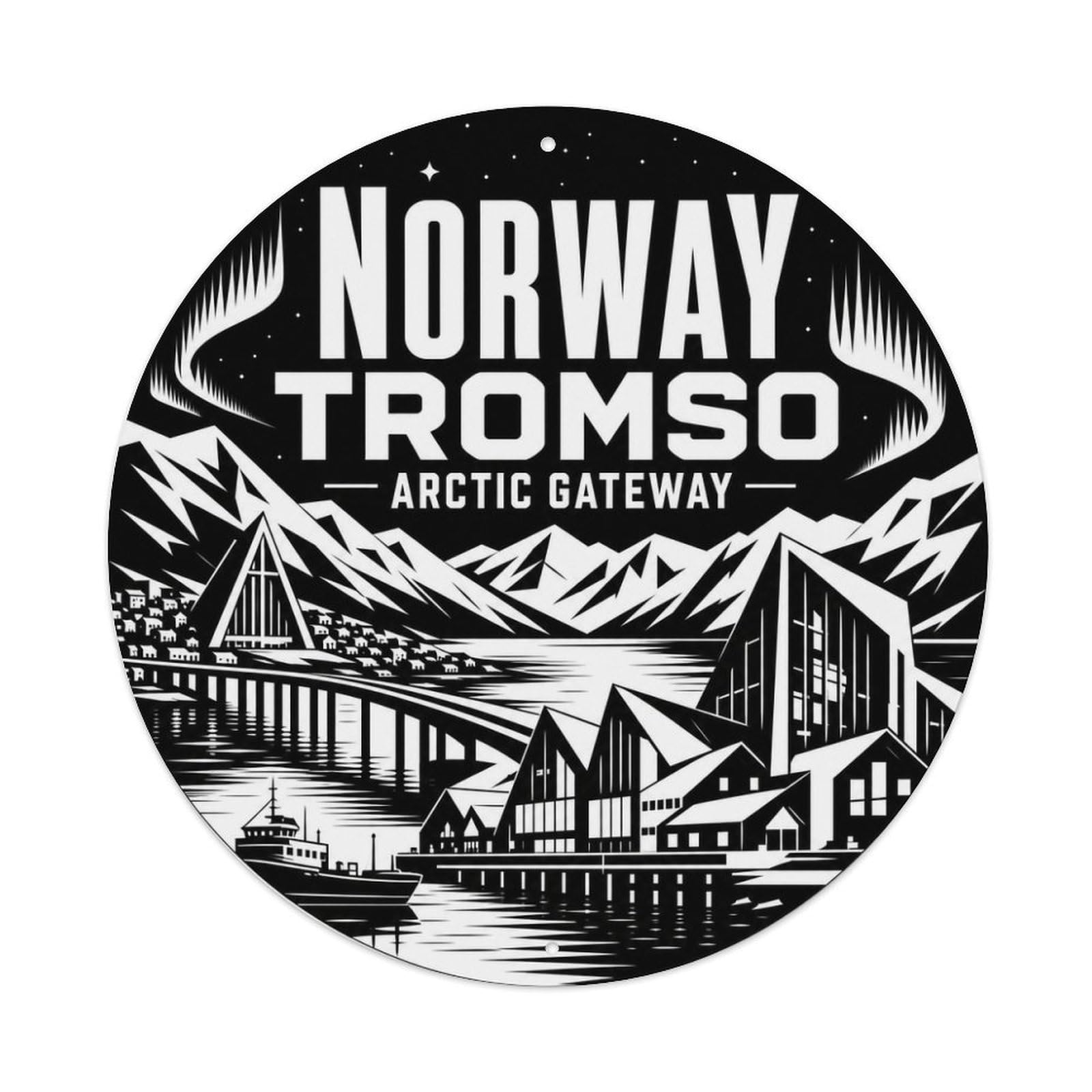 Tromso Arctic Gateway Nordic Monochrome Classic Scenery Metal Tin Sign Plaque Wall Decor for Cafe, Man Cave, Club Bar, Office, Home Garden Round Metal Poster 8x8Inch