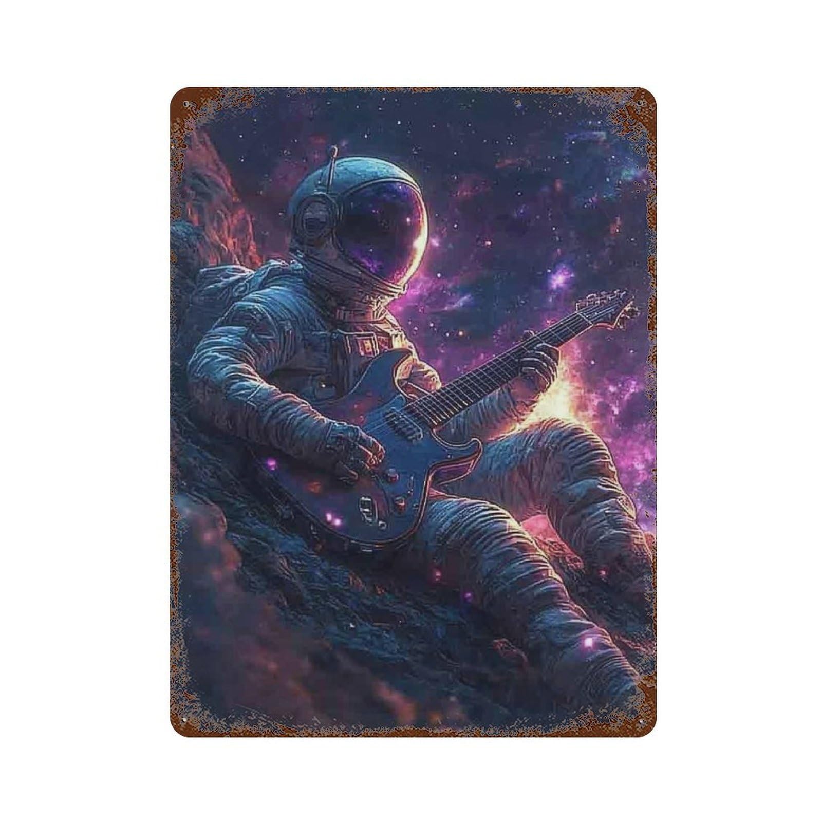 Space Guitar Hero Weathered Tin Sign 15.7"x11.8", Rustic Home Decor for Garage, Bar And Workshop Decor