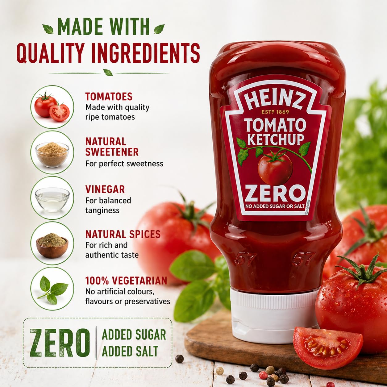 Heinz Ketchup pomidorowy bez dodatku cukru i soli, 425 g (opakowanie 10 szt.)