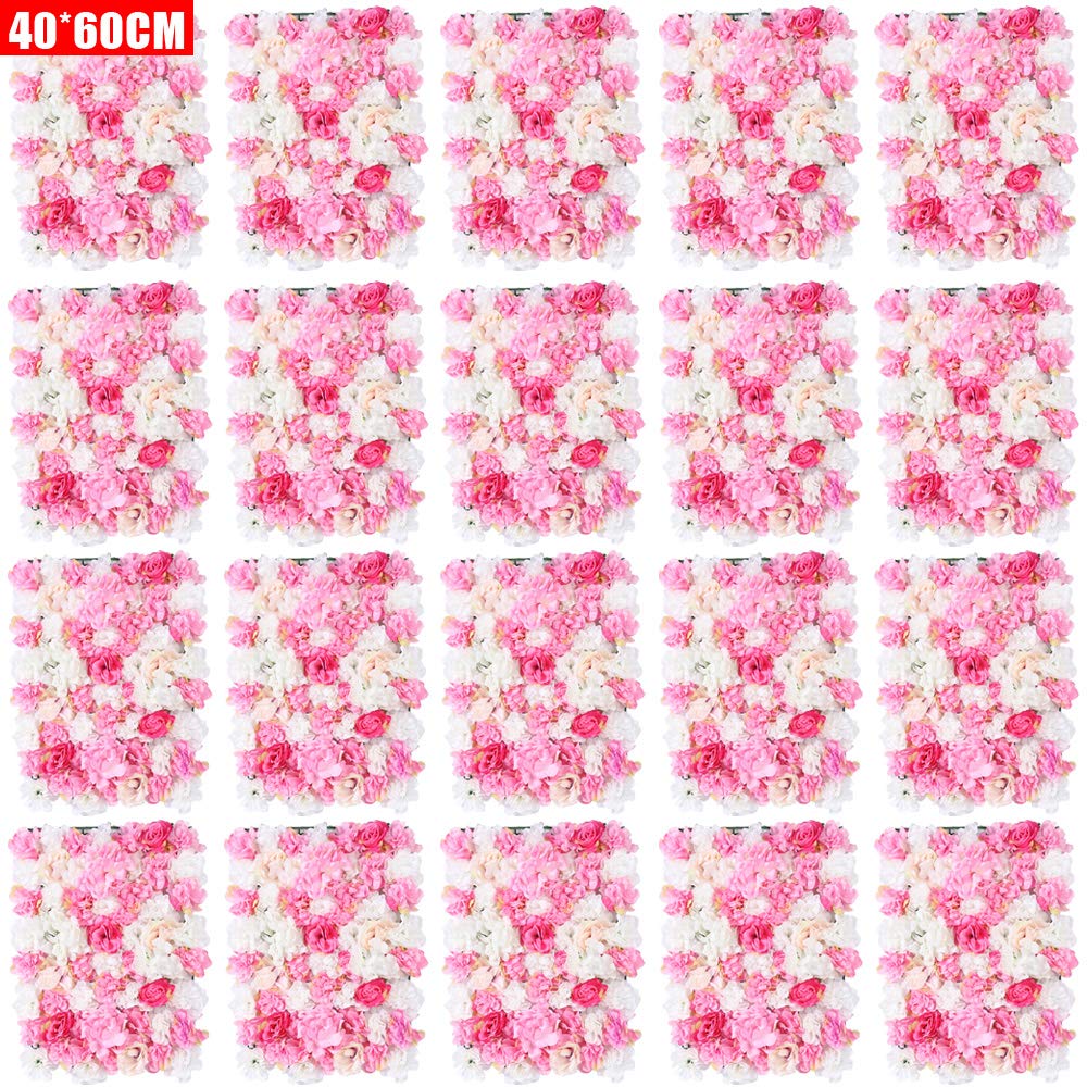 8/12/15/20-Stücke Künstliche Blumenwand Panel 60×40cm, DIY Seidenblumen Kunstblumen Rose+ Hortensie+ Dahlie für Hochzeit Dekor Party Hintergrund (20)