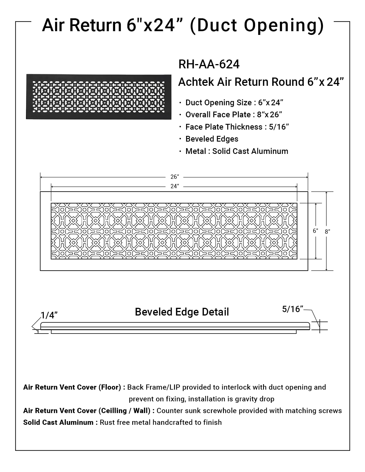 Achtek Lüftungsgitterabdeckung, 15,2 x 61 cm (20,3 x 66 cm Gesamtgröße), massiver Aluminiumguss, HVAC-Lüftungsabdeckung, pulverbeschichtet, für Wand, schwarz mit Schraubenlöchern | Handarbeit
