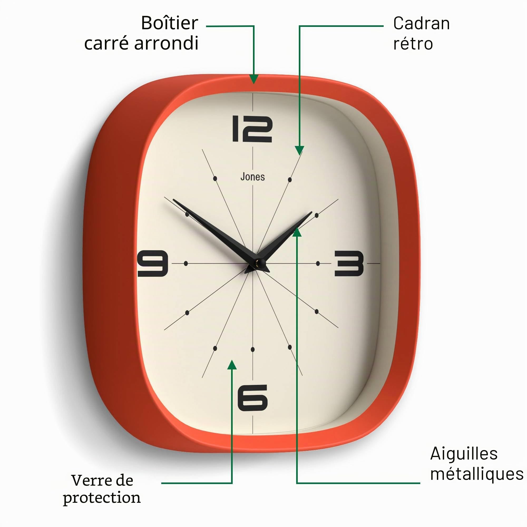 JONES CLOCKS Pulsar Horloge Murale 25cm Orange Rétro Carrée Arrondie