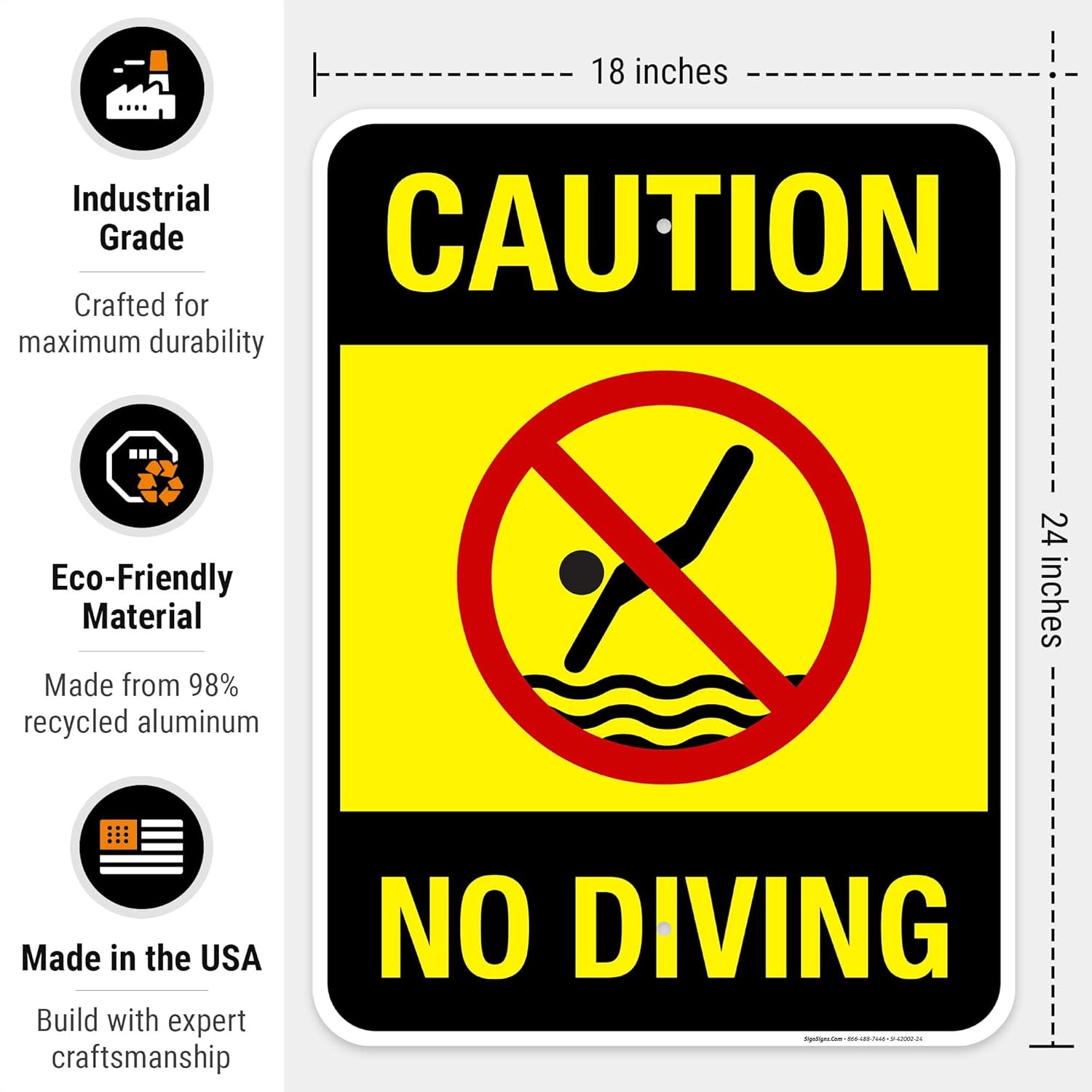Pool Sign, Caution No Diving Sign, 18x24 Inches, Rust Free .063 Aluminum, Fade Resistant, Easy Mounting, Indoor/Outdoor Use, Made in USA