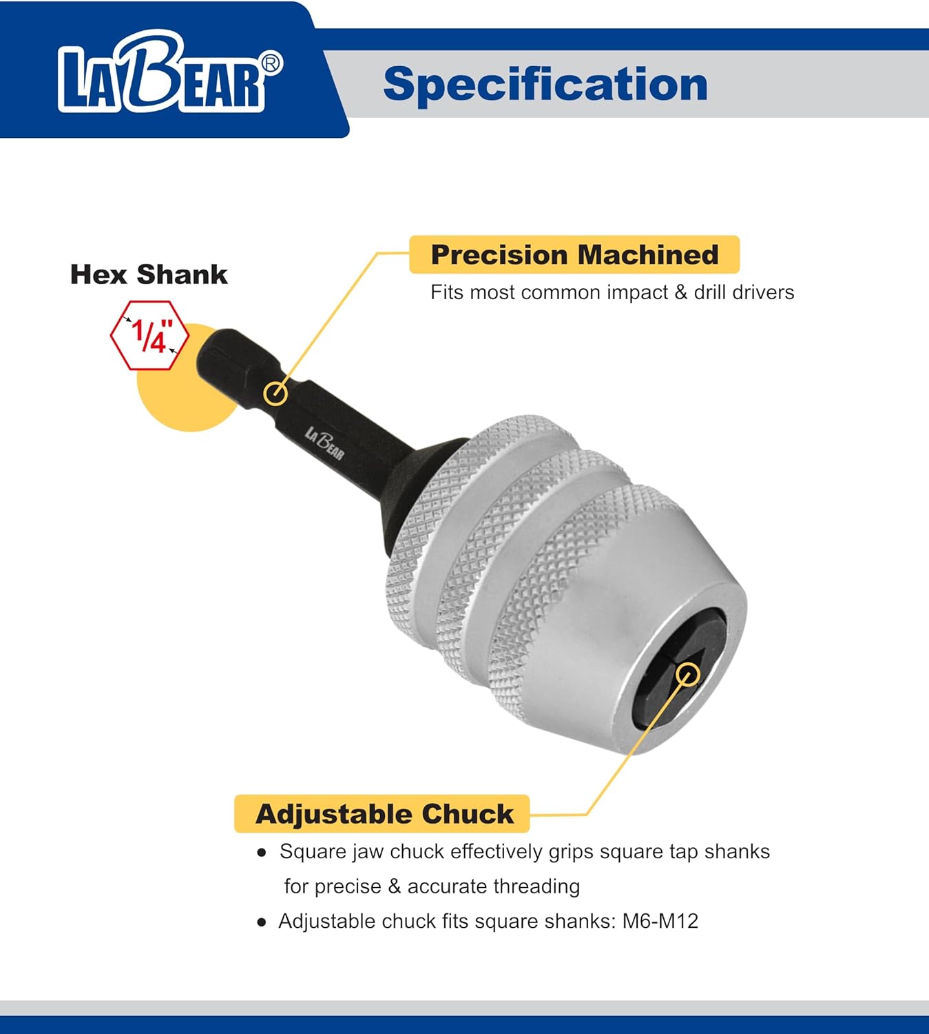 LABEAR Adjustable Tap Chuck M6–M12, Keyless Quick Change Tap Holder, 1/4" Hex Shank Tap Adapter for Drill Driver, Cr-V Steel Heavy Duty Threading Tool for Auto Repair & Metalworking