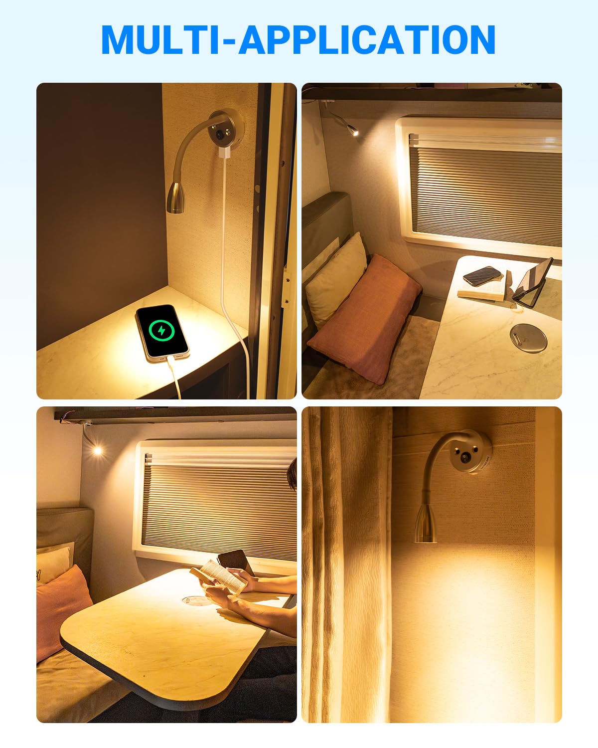 SUPAREE Luce da lettura a LED 12 V 3000 K con porta USB e collo d'oca flessibile 2 pezzi