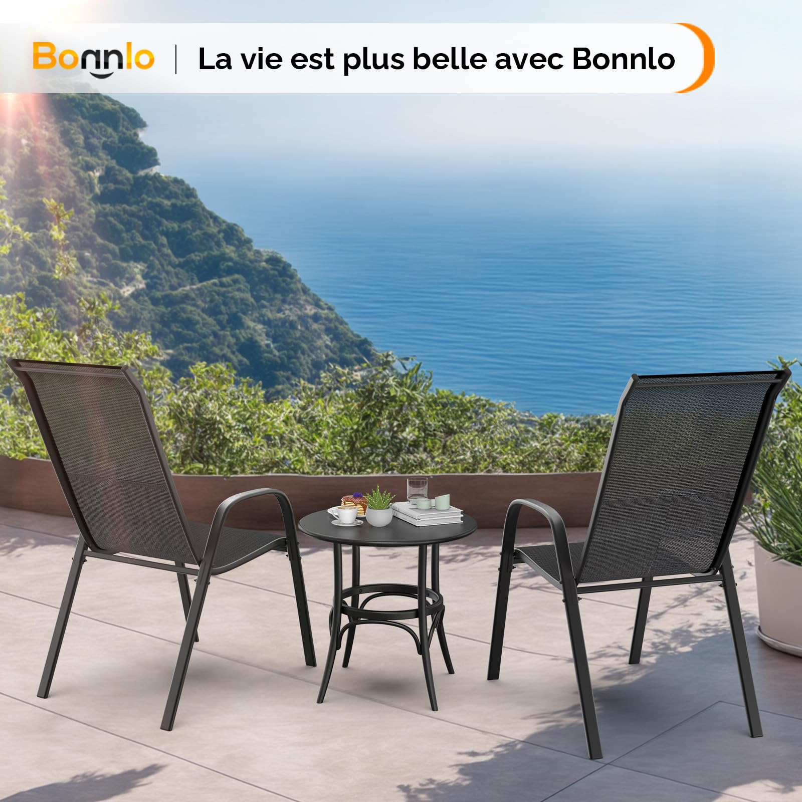 Bonnlo Lot de 6 Chaises de Jardin Exterieur - Chaise Empilable, Idéales pour Jardins, Cours, Balcons, Restaurants, Facile à Installer, Confortable et Design (Noir, Lot de 6)