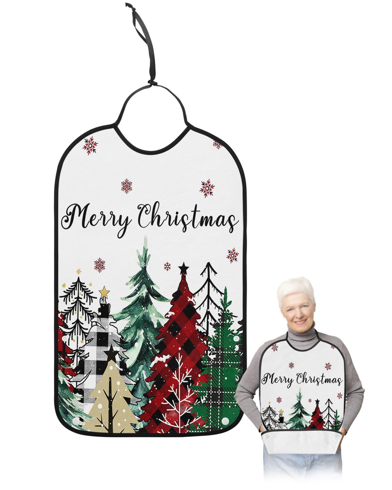 Jolunifun Christmas White Adult Bib for Adults Men, Women, Washable & Adjustable Terry Cloth Bib with Crumb Catcher Reusable Waterproof Clothing Clothes Protector Apron Geometric Xmas Buffalo Tree