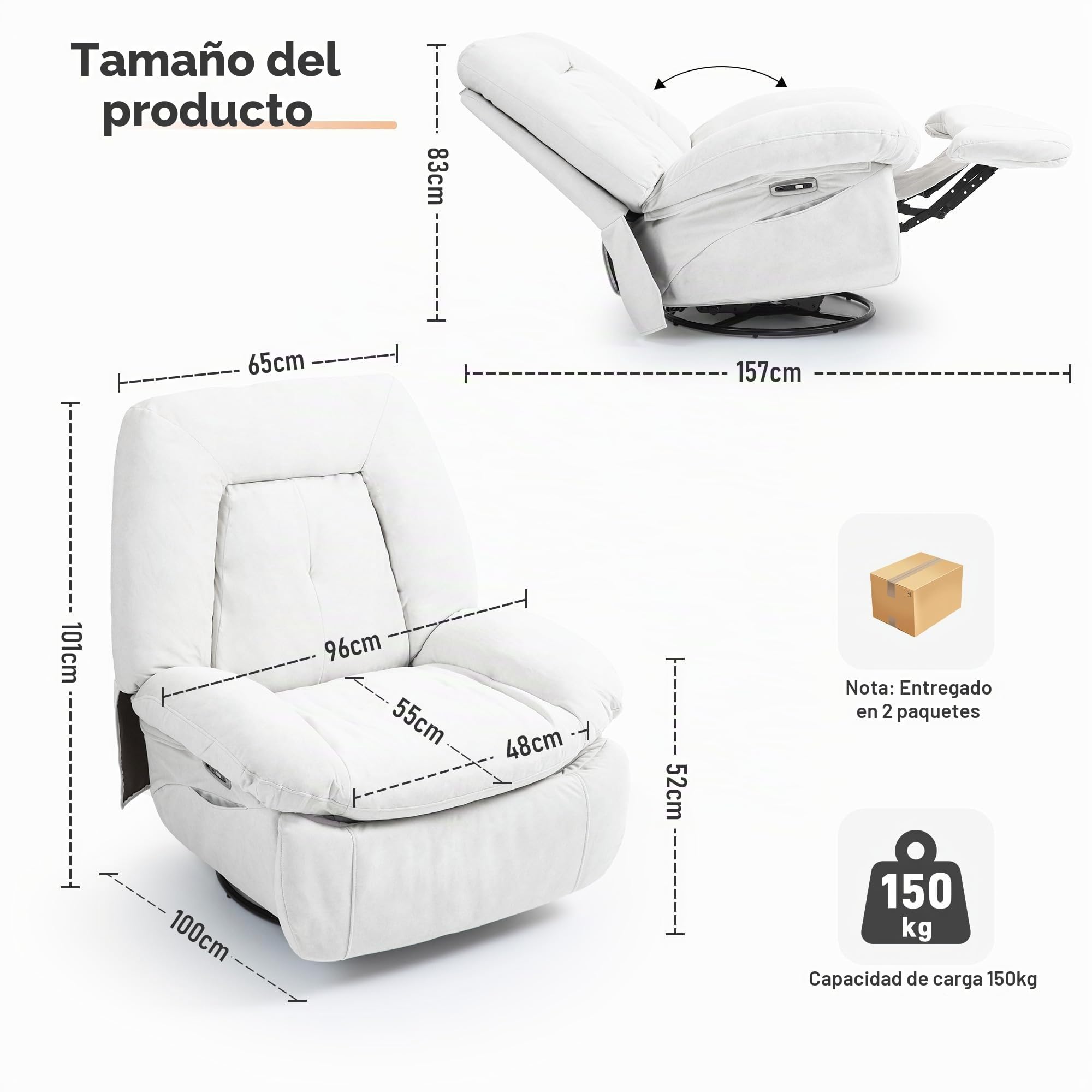 Sillón de Relax eléctrico de Masaje,calefacción, vibración, Masaje, sillón Giratorio, con Puertos Tipo C y USB, 1 Bolsillo Lateral, sillón reclinable para TV, salón (Blanco)