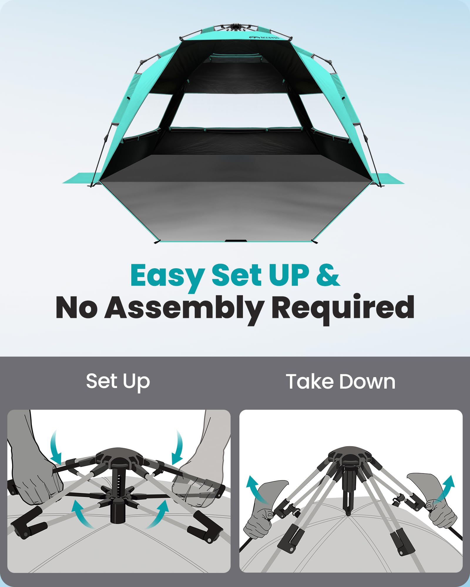 OutdoorMaster Tente de Plage avec Technologie d'abri Sombre, Pare-Soleil Portable pour 4 à 6 Personnes avec Protection UV UPF 50+, Installation Facile, Taille familiale
