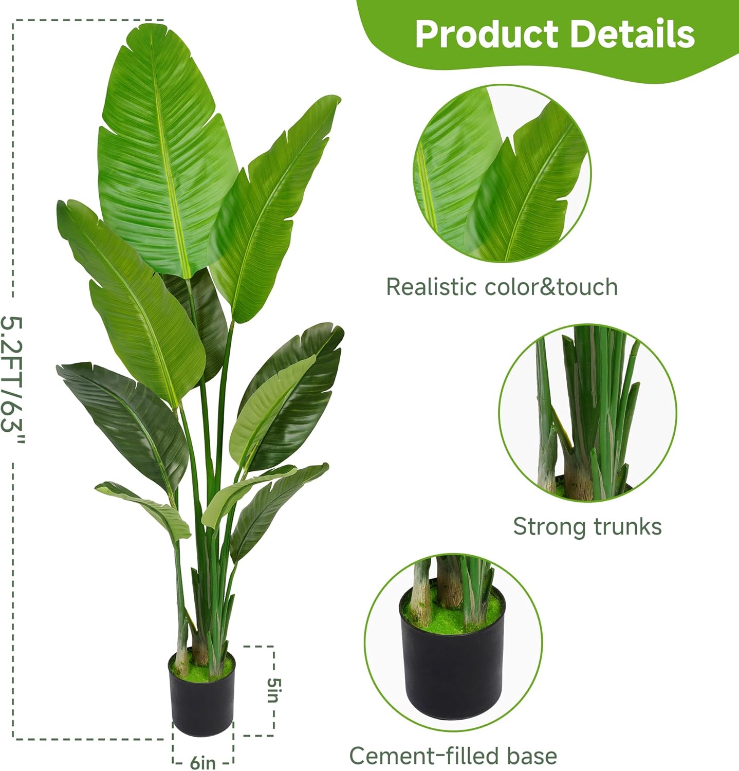 Artificial Bird of Paradise Plant 5.2FT Set of 2, Faux Palm Tree with PE Banana Leaves, Realistic Tall Potted Fake Plant for Indoor Outdoor Front Porch Living Room Office Garden