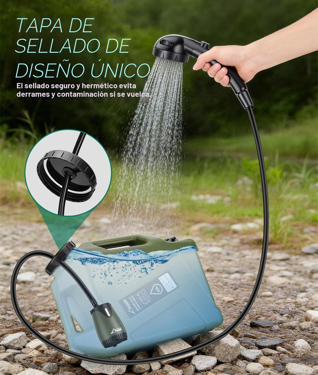 WADEO Ducha de camping con bomba y depósito de agua resistente de 20 l, kit portátil de ducha de camping con bidón de agua, ideal para acampadas, senderismo, jardín, playa, y lavado de coches