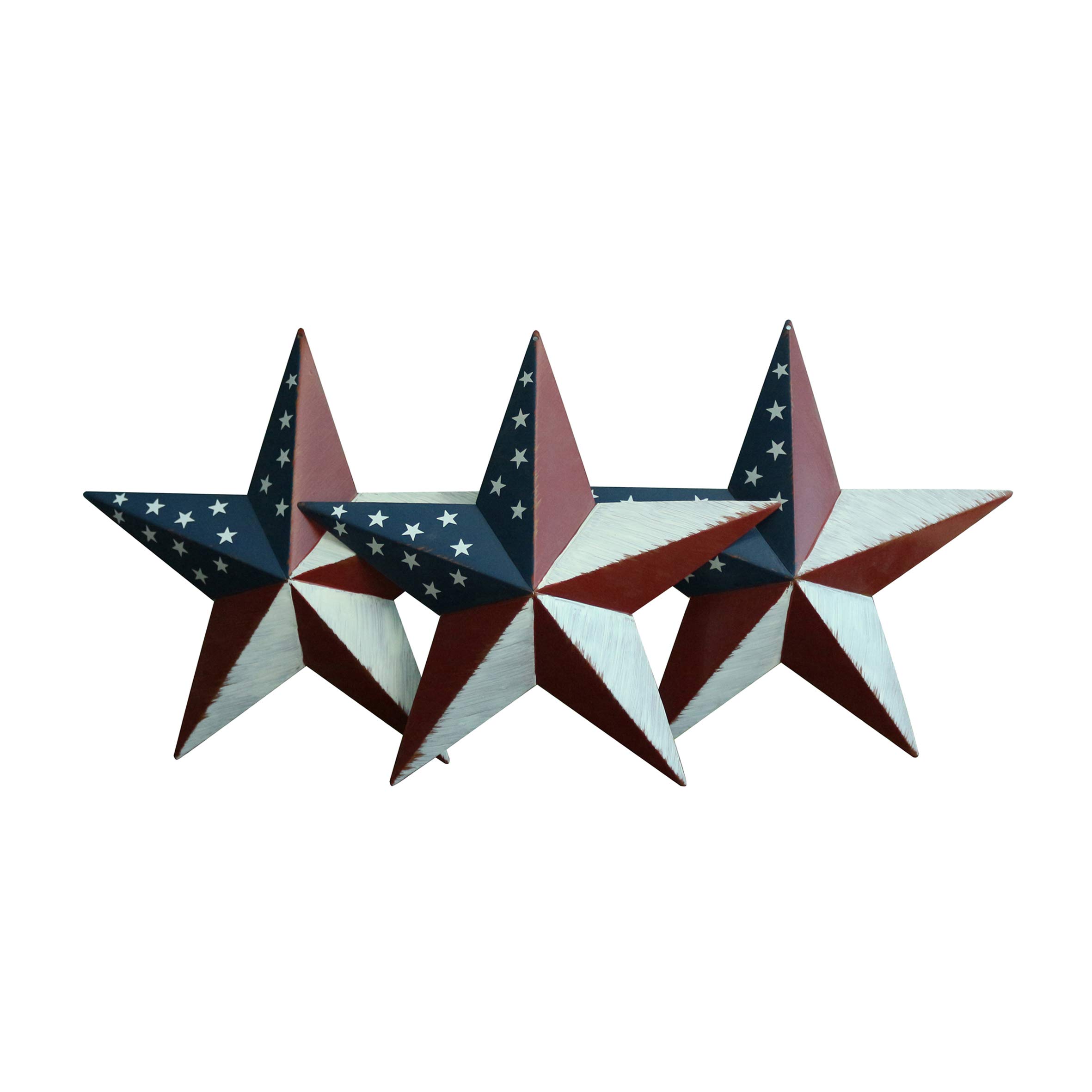 CVHOMEDECO. Country Retro Gifts American Flag Metal Barn Star Wall/Door Decor, 8-Inch, Set of 3.